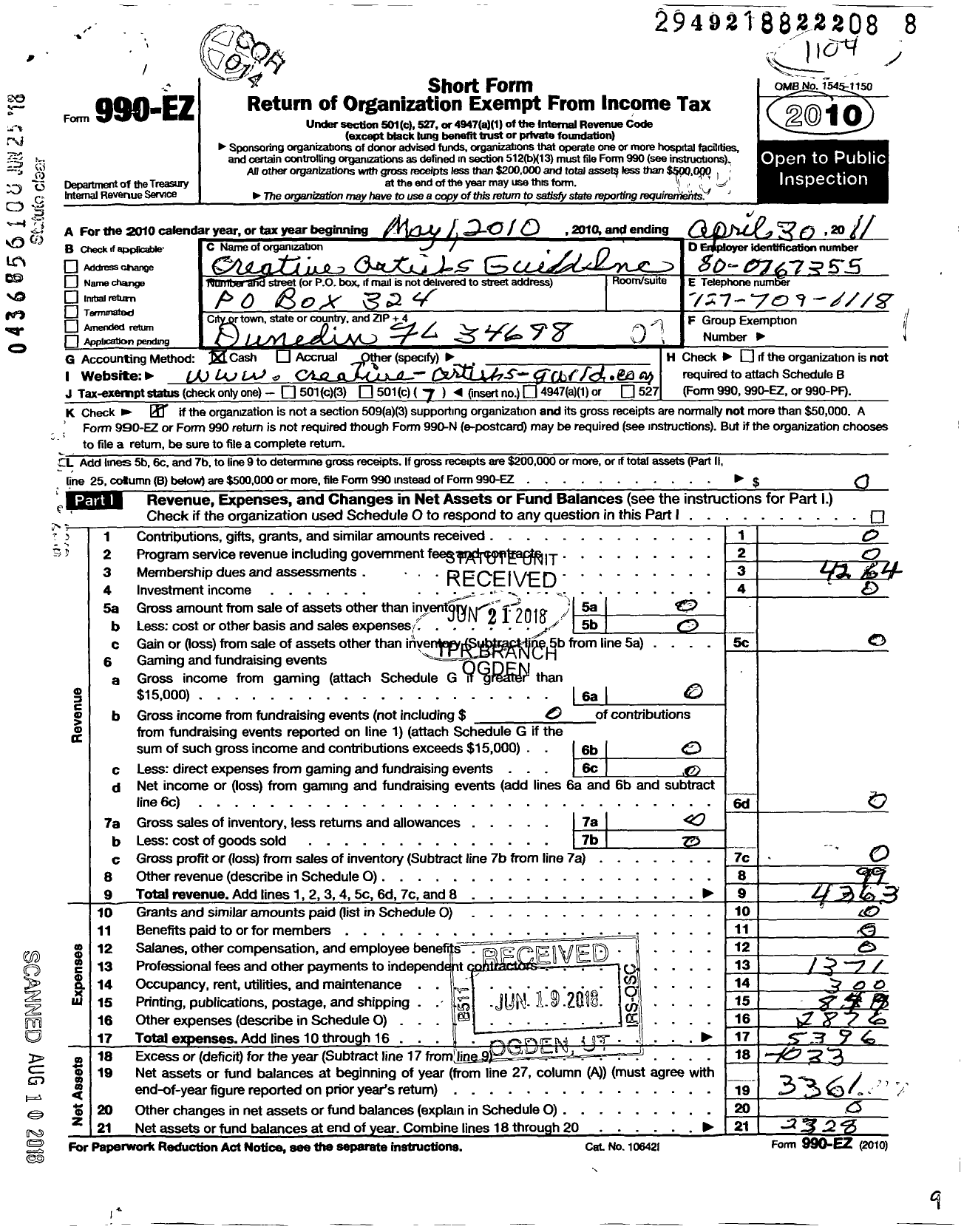 Image of first page of 2010 Form 990EO for Creative Artists Guild