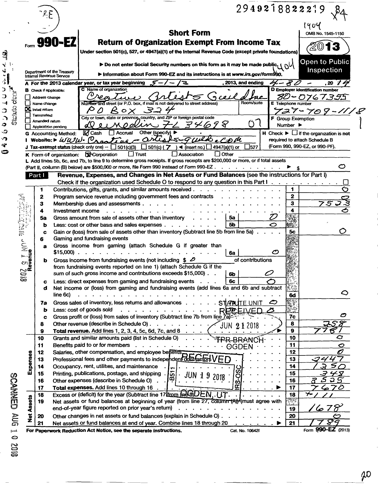 Image of first page of 2013 Form 990EO for Creative Artists Guild