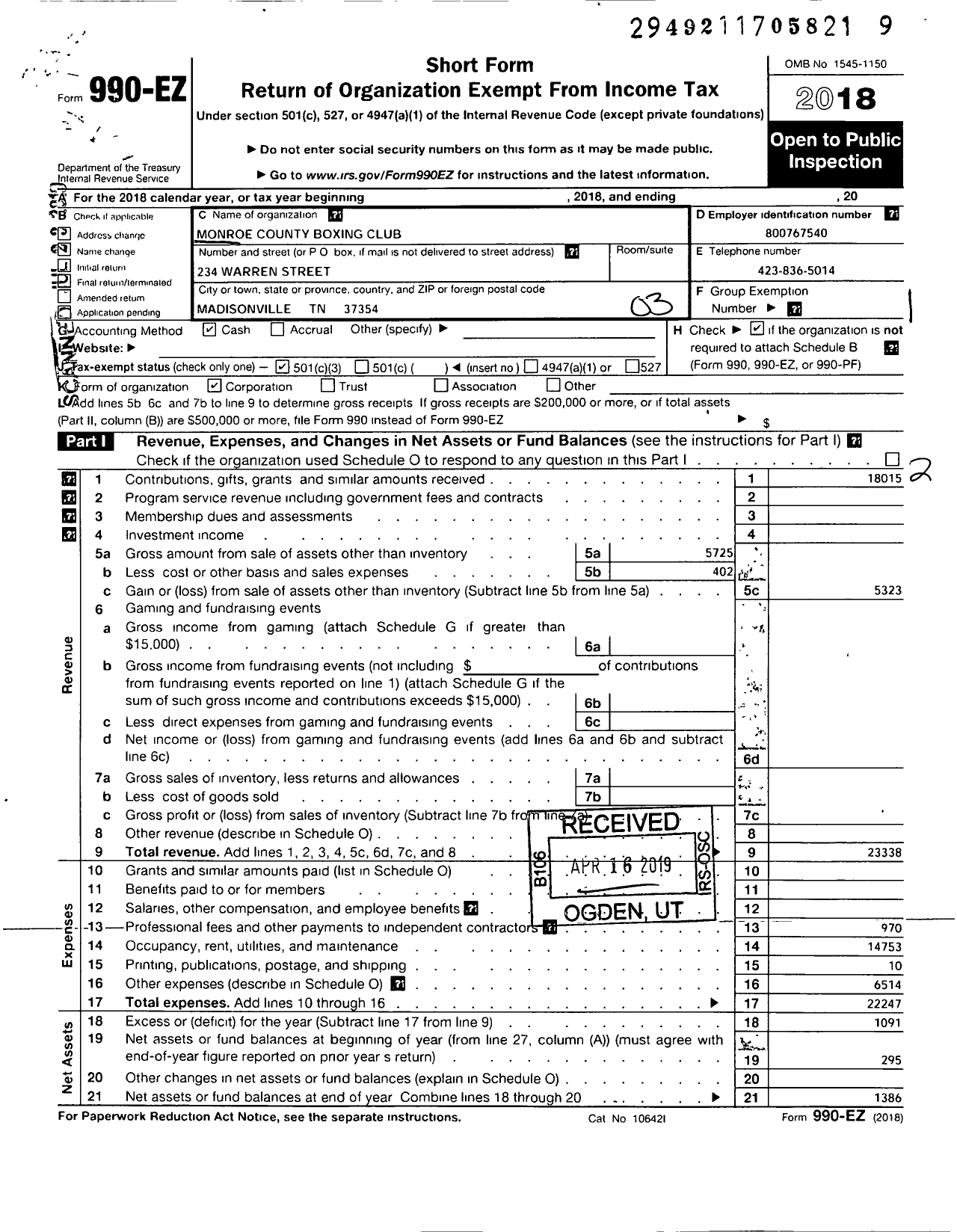 Image of first page of 2018 Form 990EZ for Monroe County Boxing Club