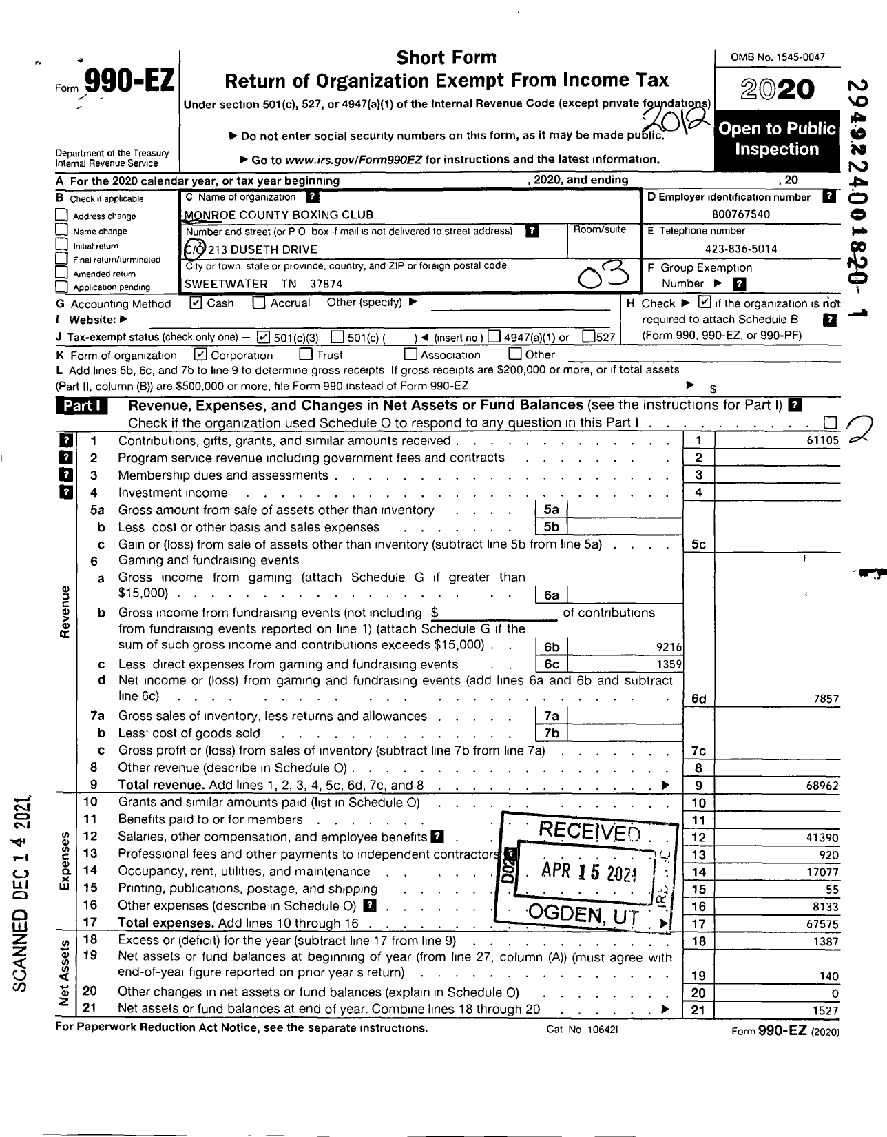 Image of first page of 2020 Form 990EZ for Monroe County Boxing Club