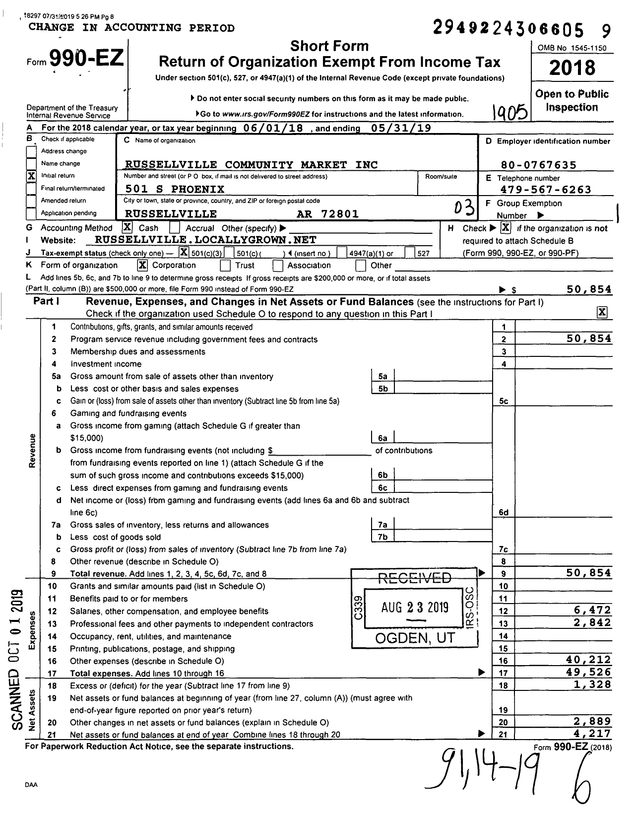 Image of first page of 2018 Form 990EZ for Russellville Community Market