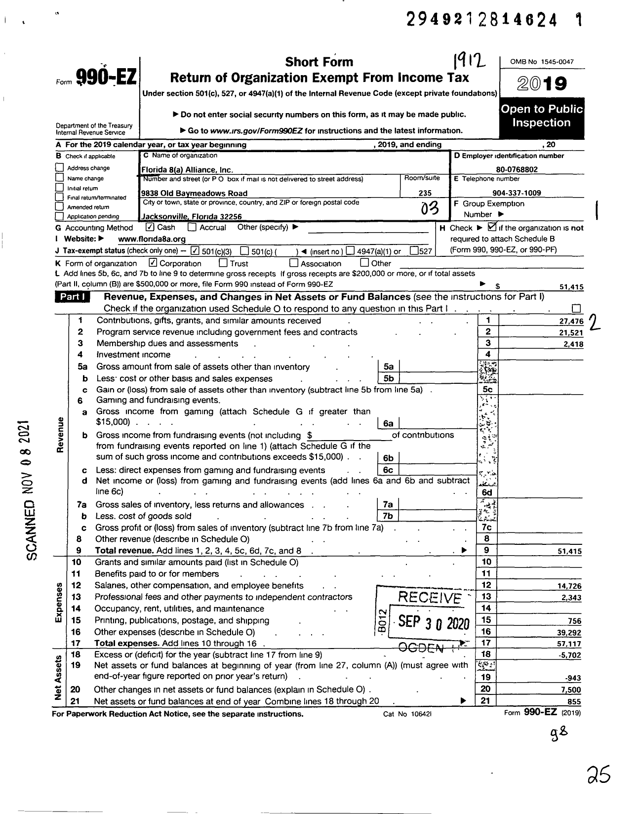 Image of first page of 2019 Form 990EZ for Florida 8a Alliance