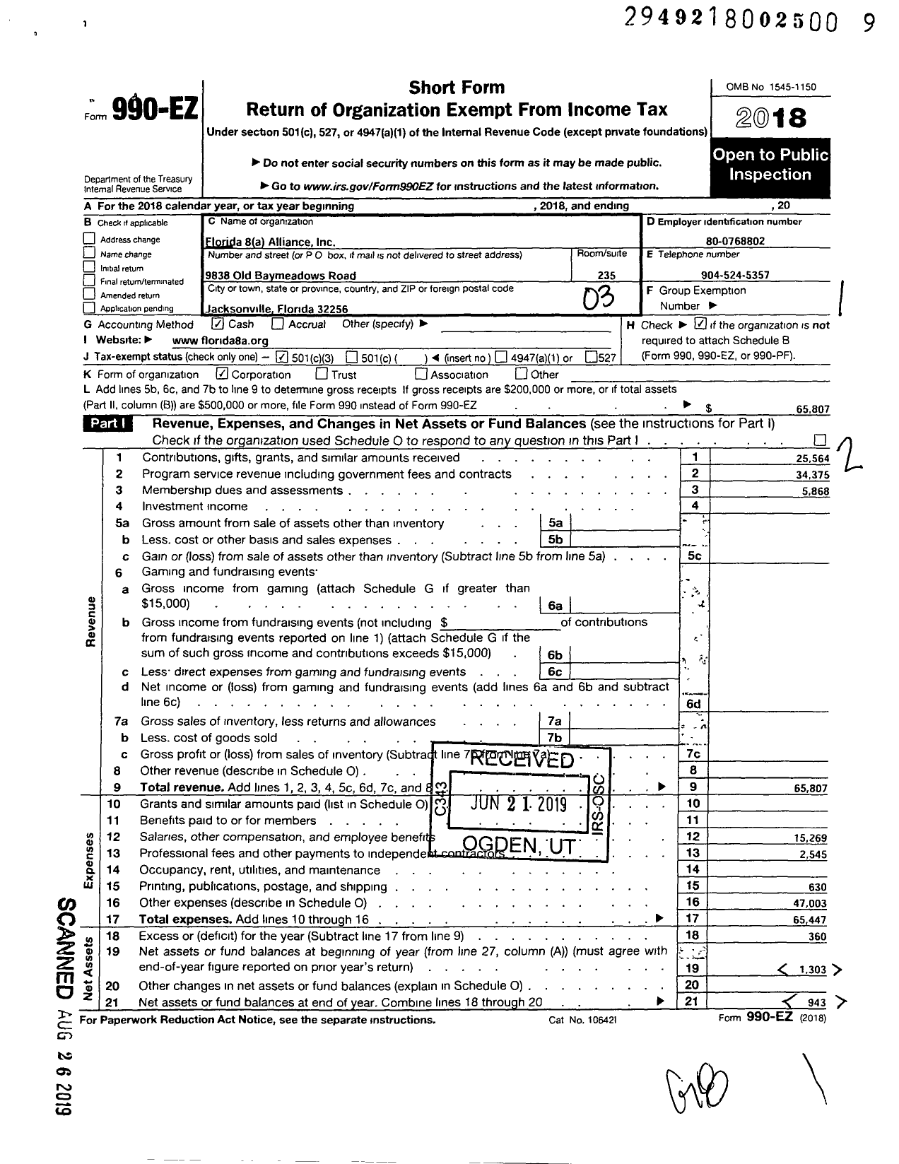 Image of first page of 2018 Form 990EZ for Florida 8a Alliance