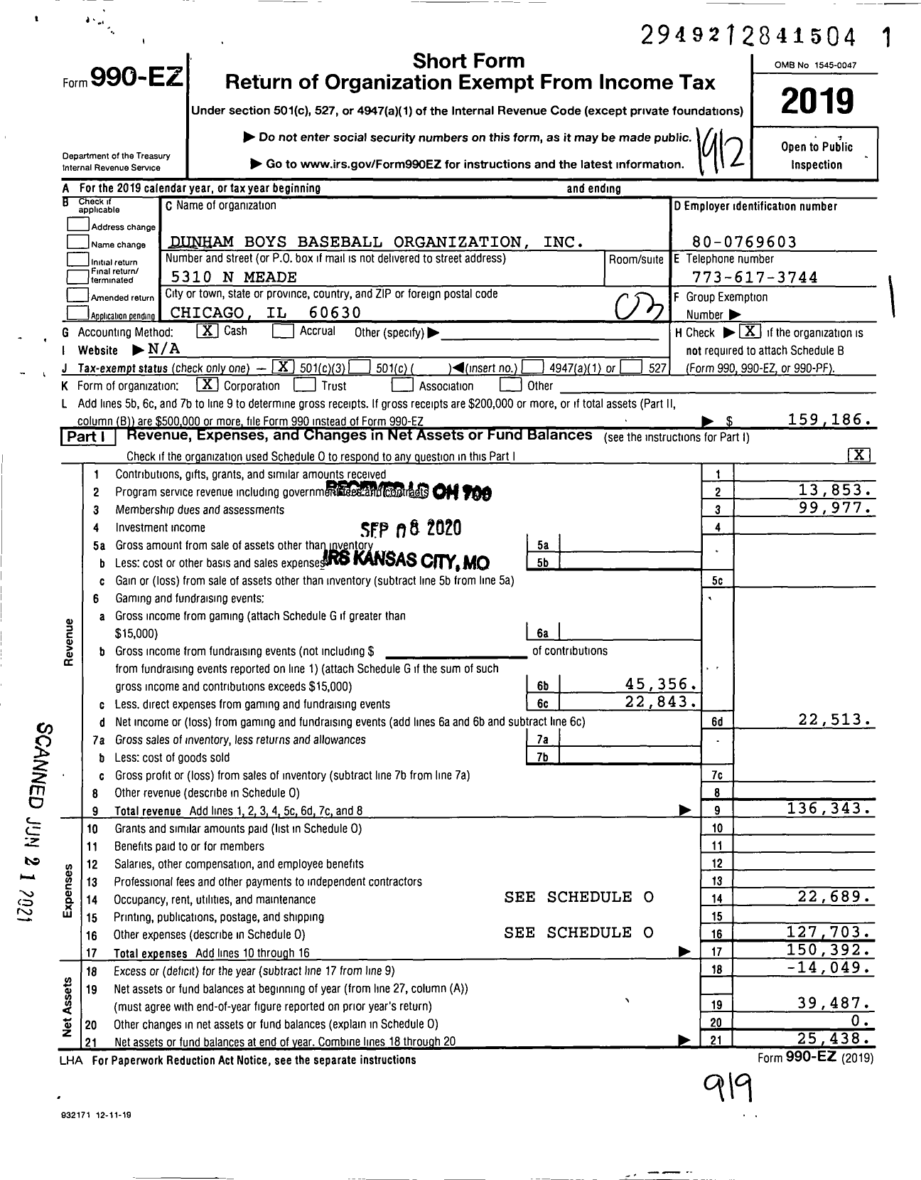 Image of first page of 2019 Form 990EZ for Dunham Boys Baseball Organization