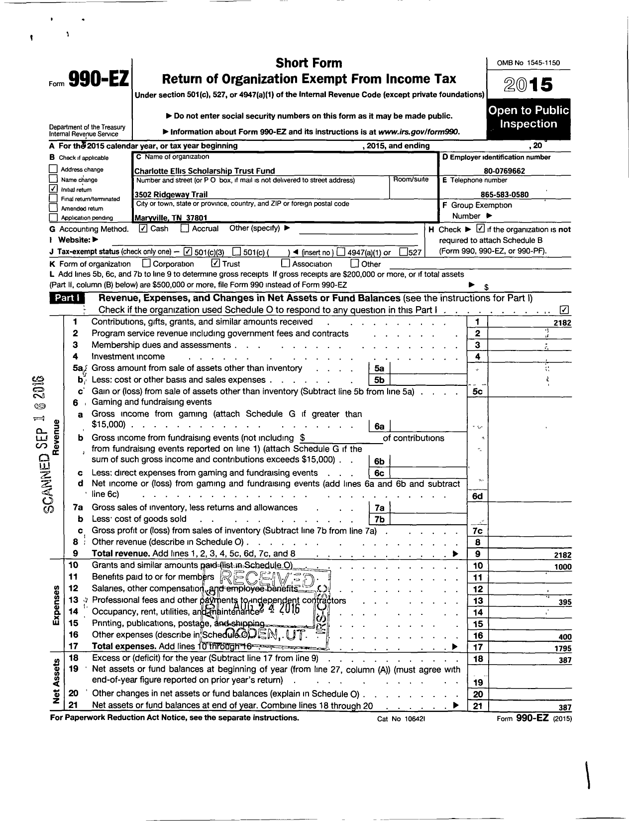 Image of first page of 2015 Form 990EZ for Charlotte Ellis Scholarship TR Fund