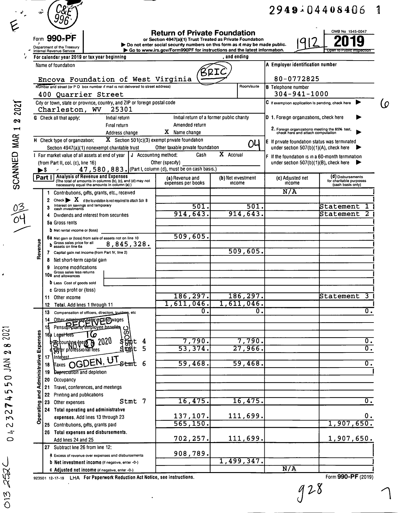 Image of first page of 2019 Form 990PF for Encova Foundation of West Virginia