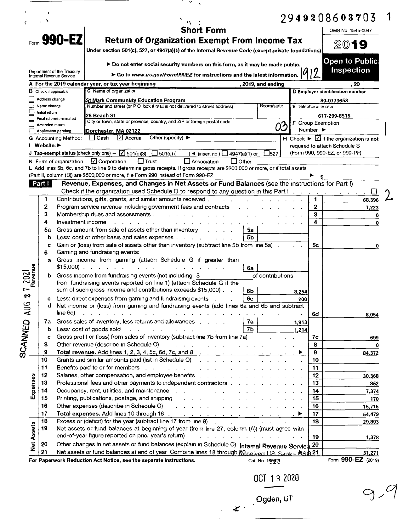 Image of first page of 2019 Form 990EZ for St Mark Community Education Program