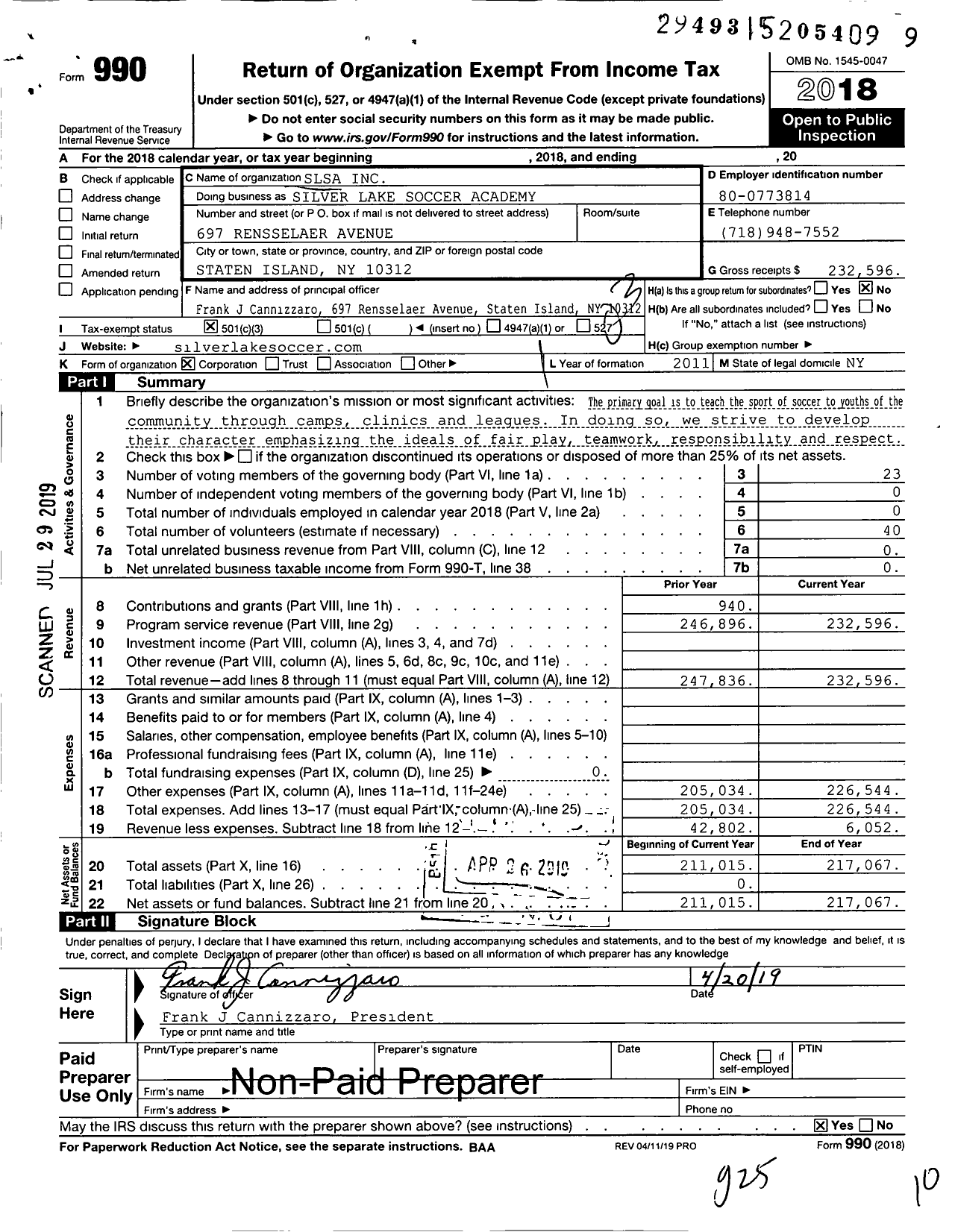 Image of first page of 2018 Form 990 for Silver Lake Soccer Academy (SLSA)