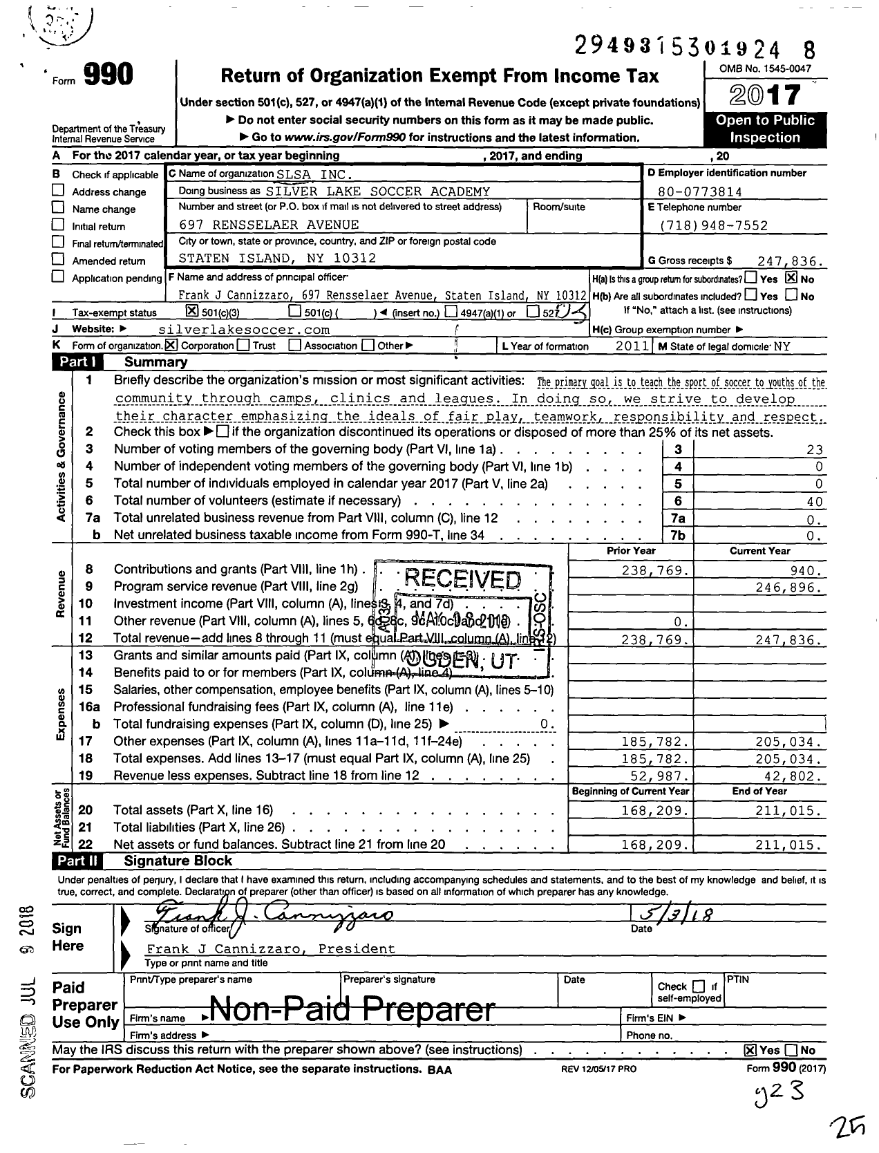 Image of first page of 2017 Form 990 for Silver Lake Soccer Academy (SLSA)