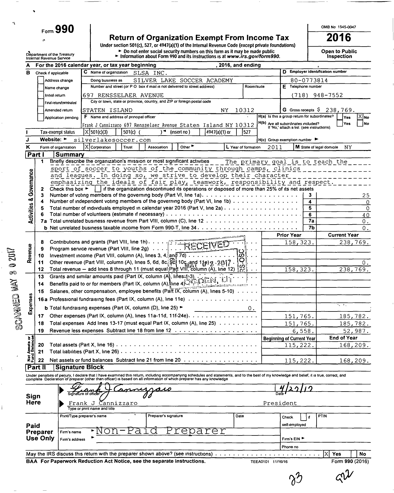 Image of first page of 2016 Form 990 for Silver Lake Soccer Academy (SLSA)
