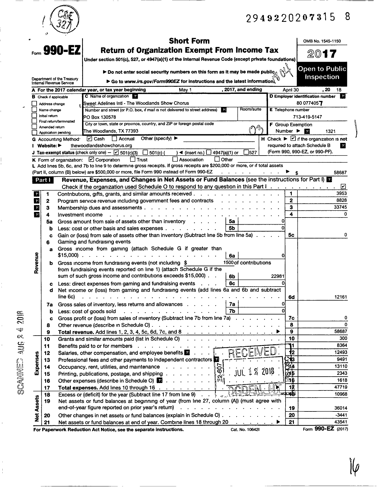 Image of first page of 2017 Form 990EZ for SWEET ADELINES INTERNATIONAL - The Woodlands Show Chorus