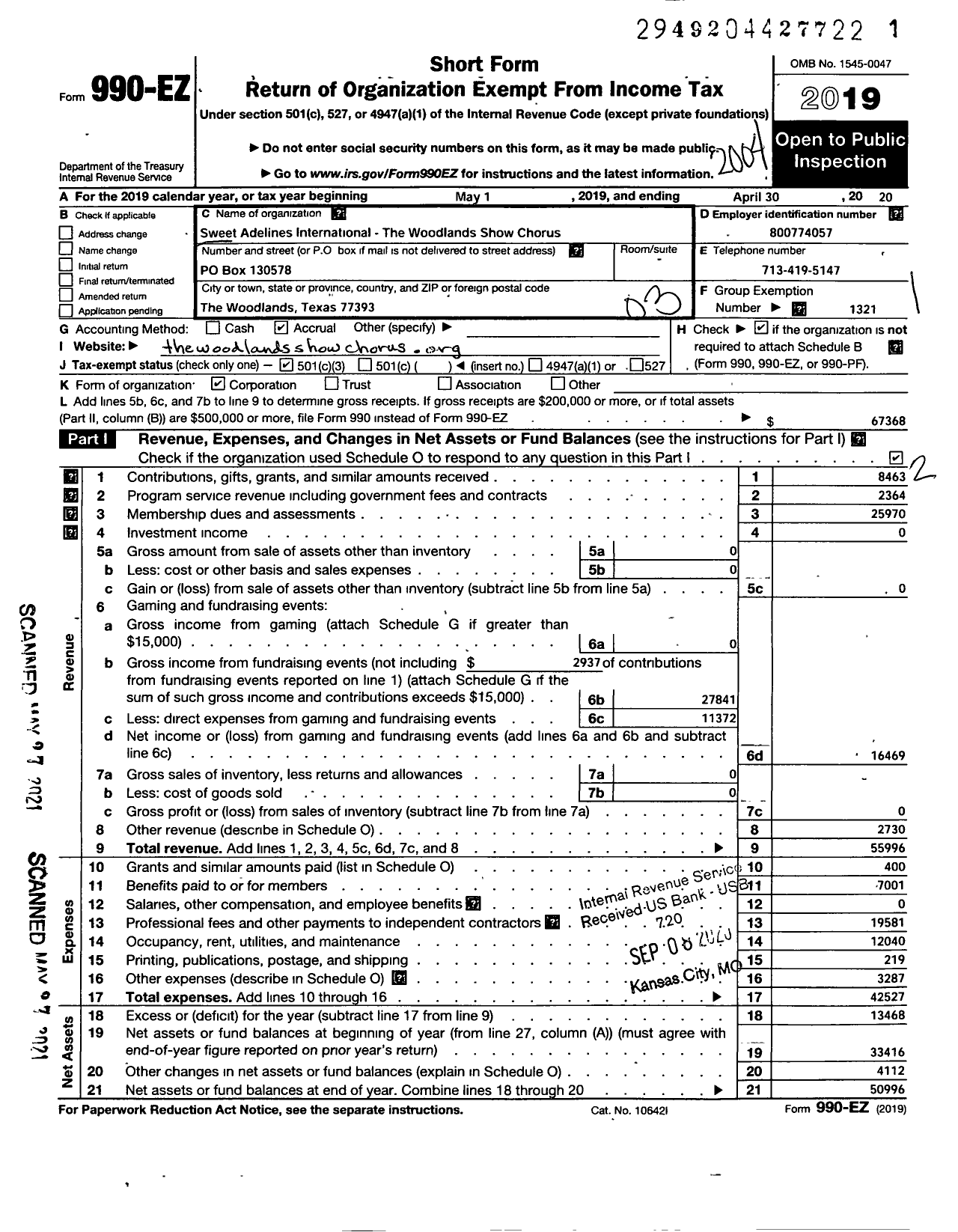 Image of first page of 2019 Form 990EZ for SWEET ADELINES INTERNATIONAL - The Woodlands Show Chorus