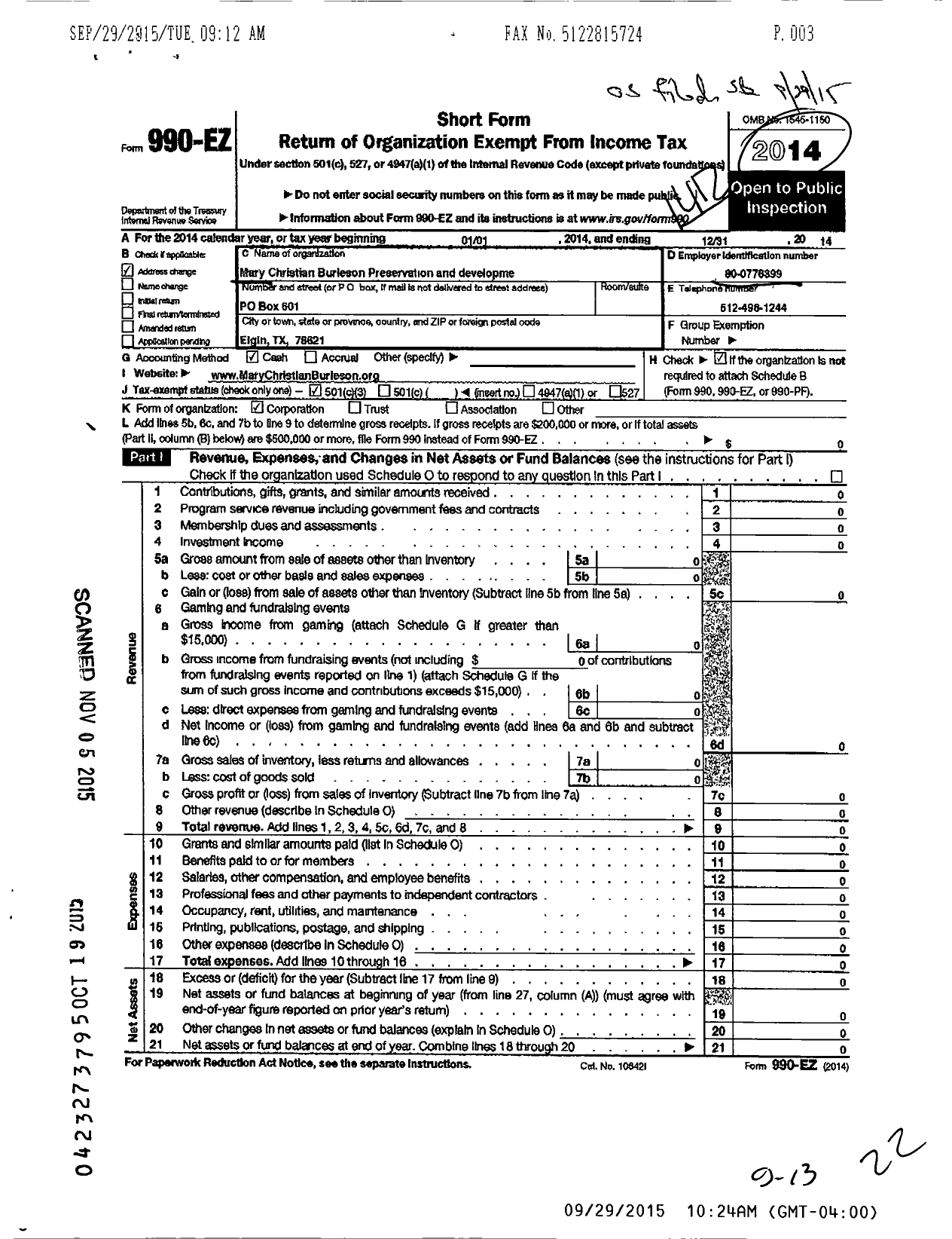 Image of first page of 2014 Form 990EZ for Mary Christian Burleson Preservation and Development Found