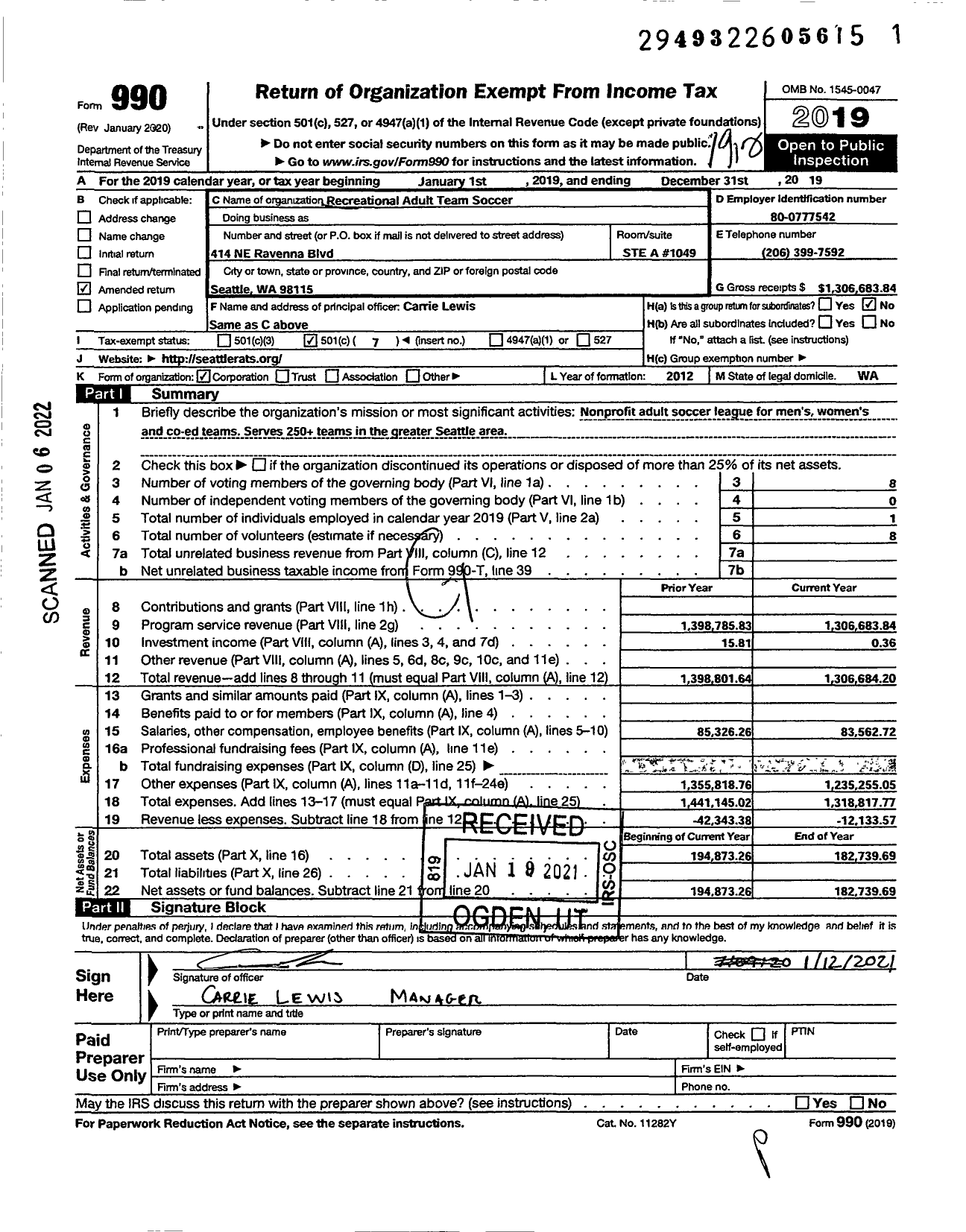 Image of first page of 2019 Form 990O for Recreational Adult Team Soccer