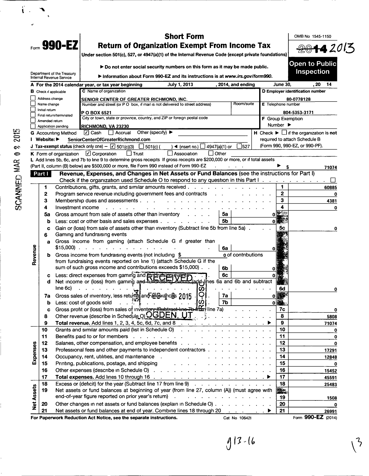 Image of first page of 2013 Form 990EZ for Senior Center of Greater Richmond