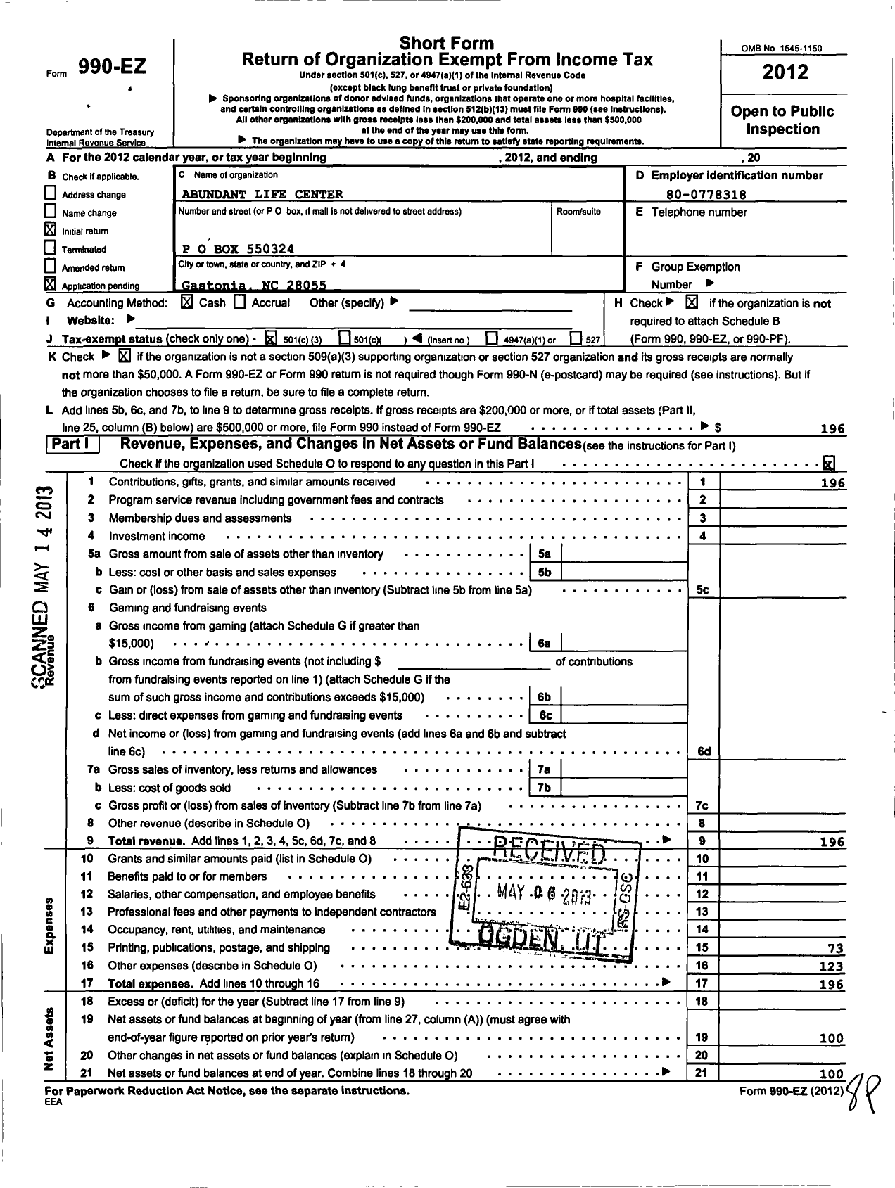 Image of first page of 2012 Form 990EZ for Abundant Life Center