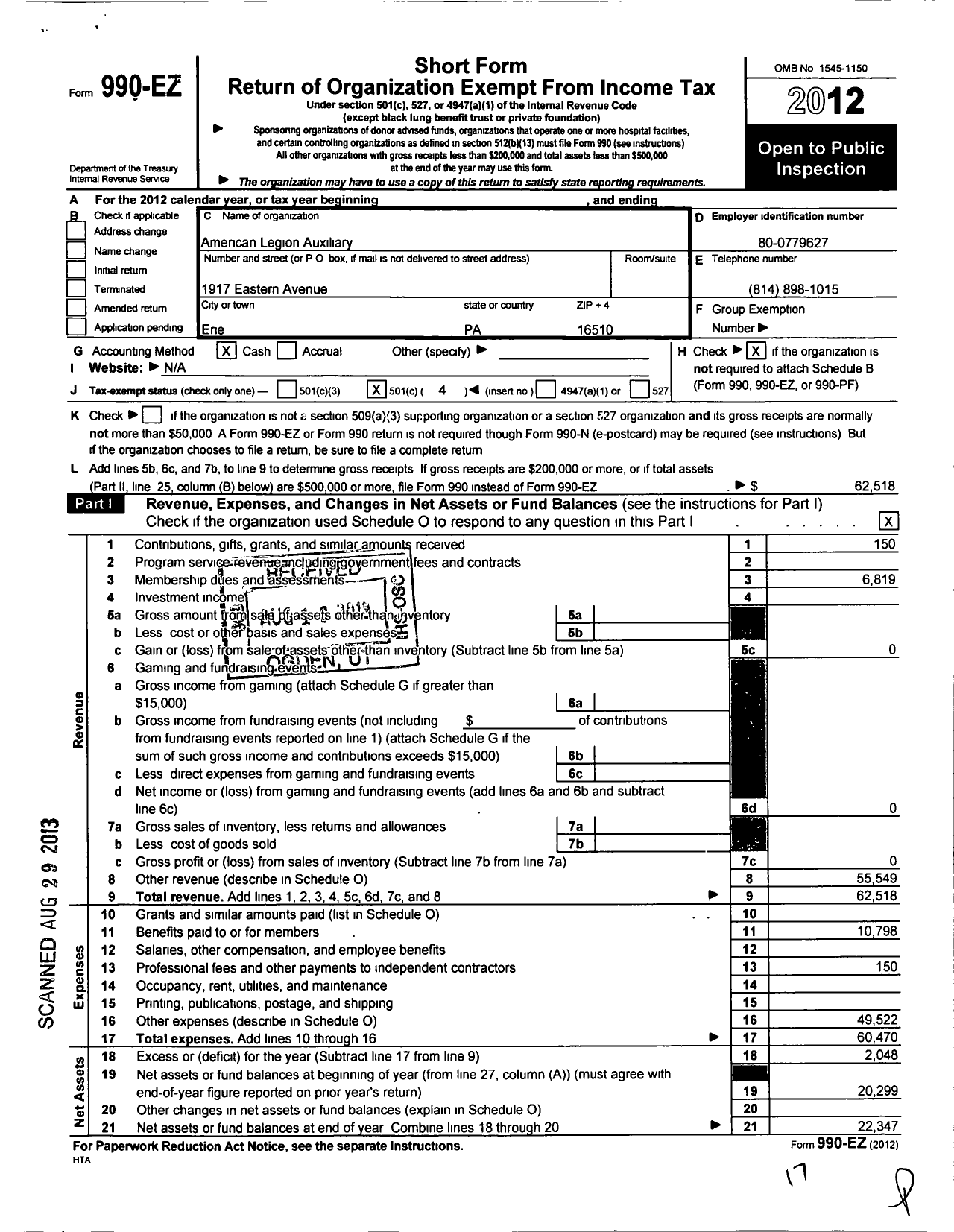 Image of first page of 2012 Form 990EO for American Legion Auxiliary - 571 Wesleyville American Legion Aux