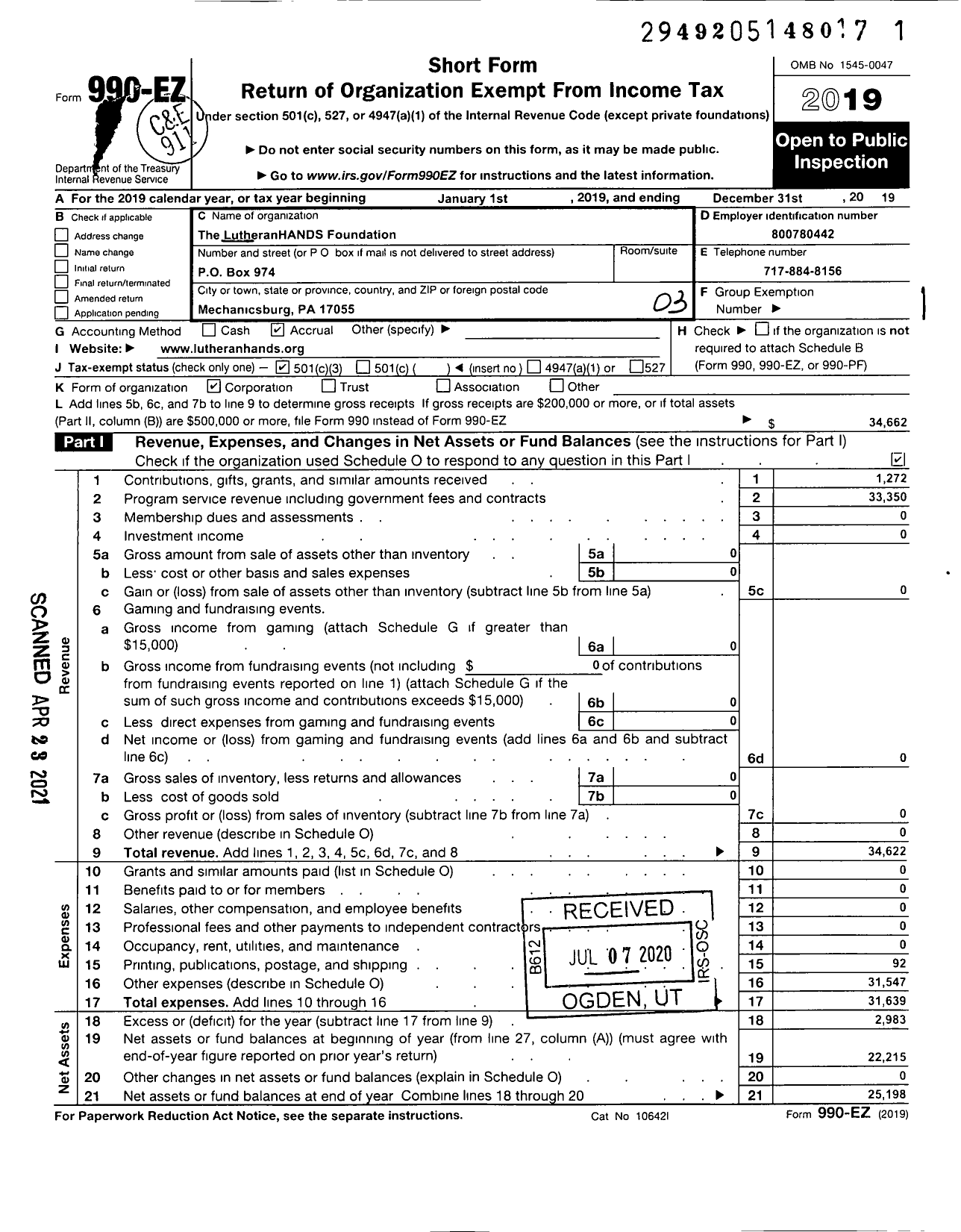 Image of first page of 2019 Form 990EZ for Lutheranhands Foundation