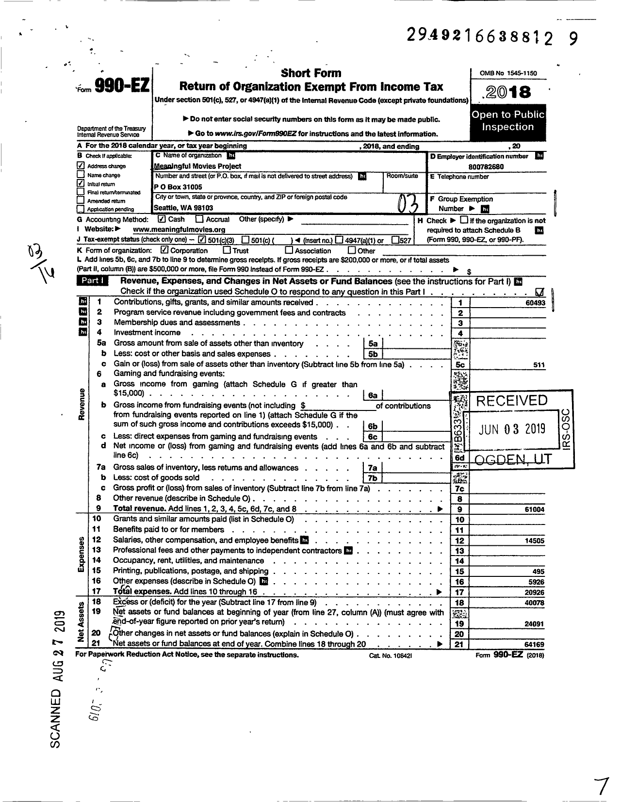 Image of first page of 2018 Form 990EZ for Meaningful Movies Project