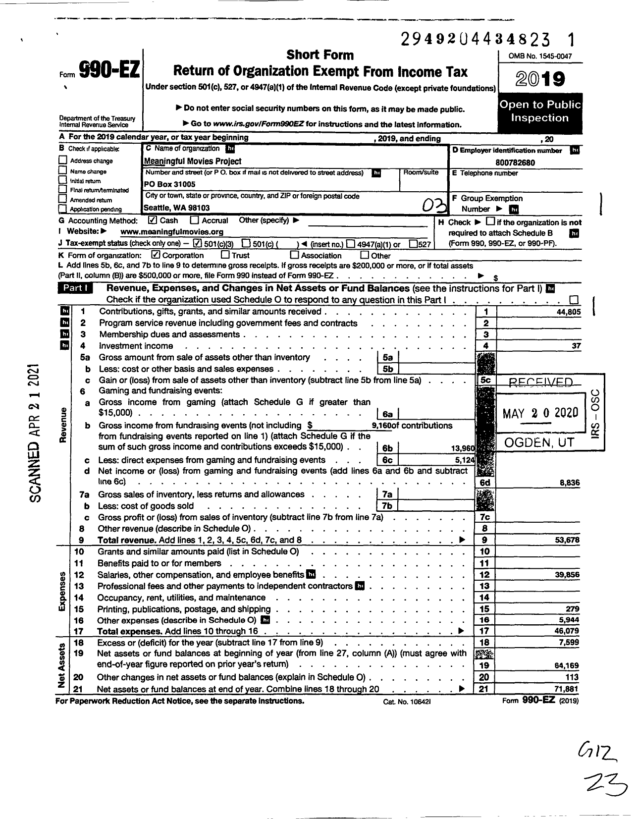 Image of first page of 2019 Form 990EZ for Meaningful Movies Project