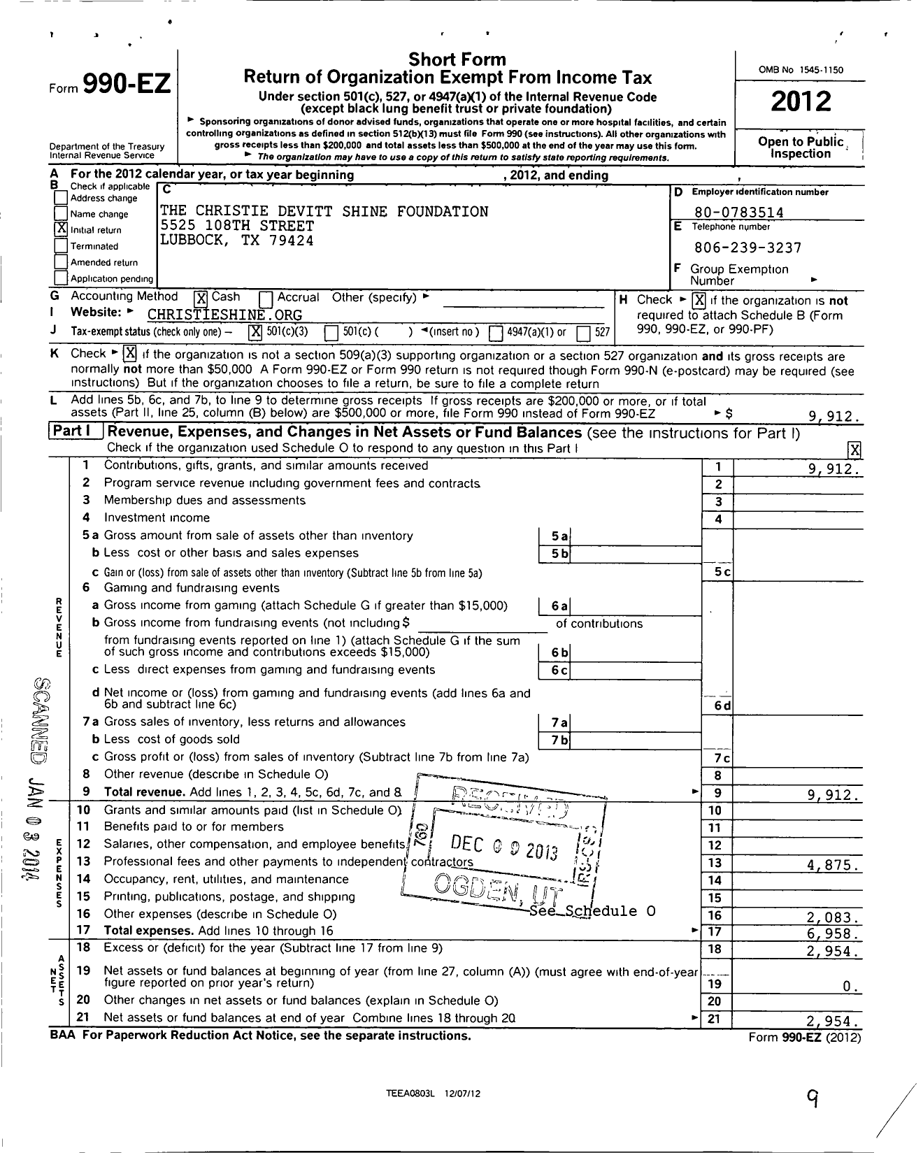 Image of first page of 2012 Form 990EZ for The Christie Devitt Shine Foundation