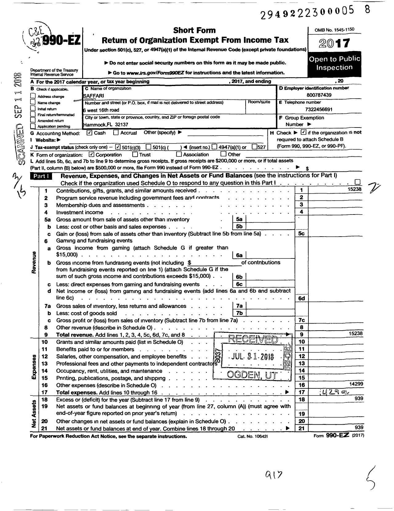 Image of first page of 2017 Form 990EZ for Save A Furry Friend Animal Rescue (SAFFARI)