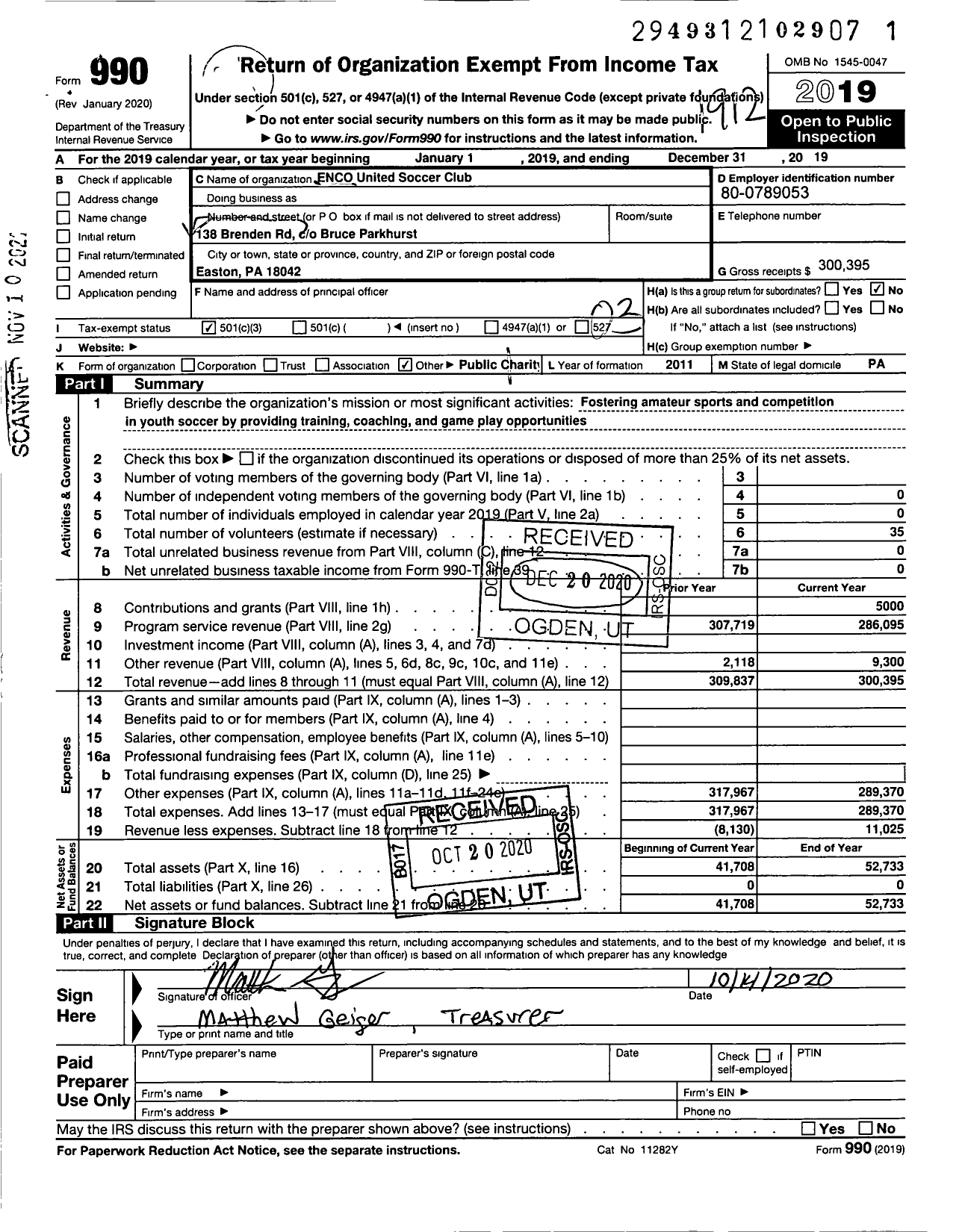 Image of first page of 2019 Form 990 for Enco United Soccer Club