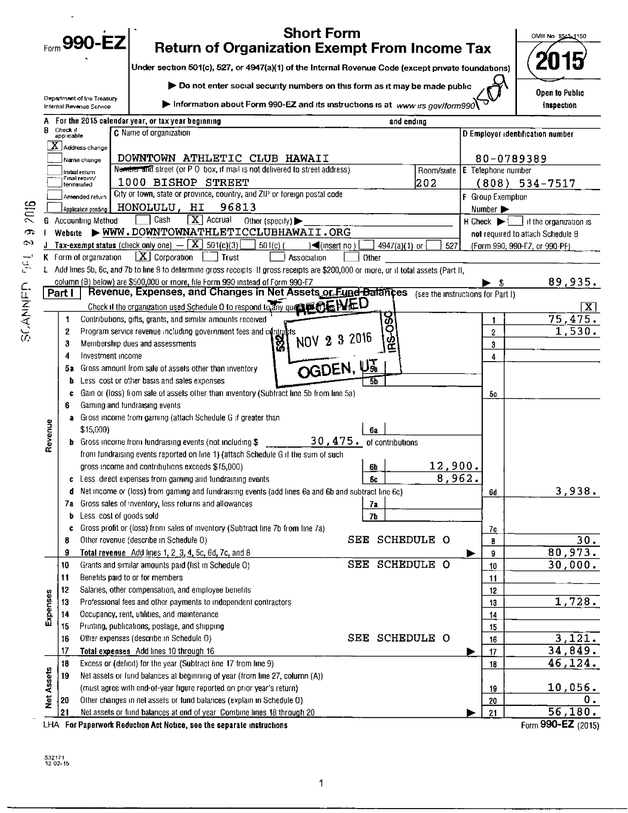 Image of first page of 2014 Form 990EZ for Downtown Athletic Club Hawaii