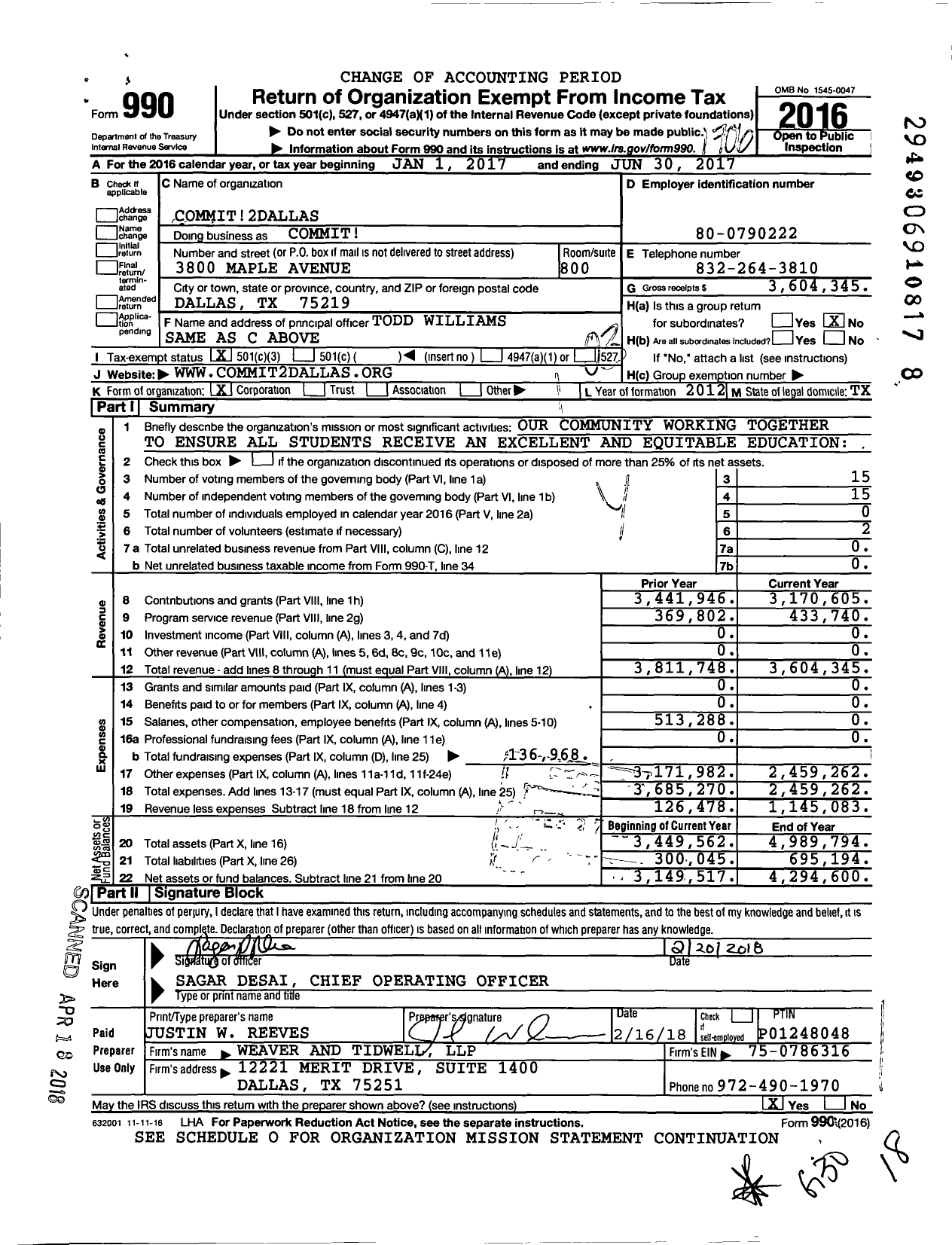 Image of first page of 2016 Form 990 for The Commit Partnership