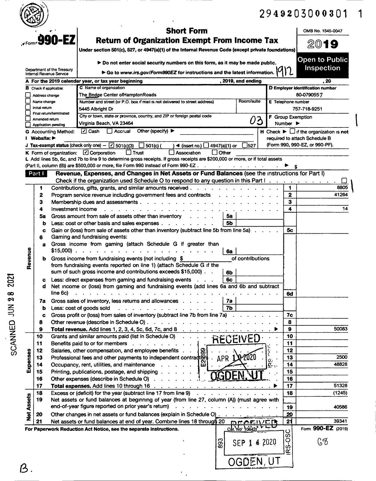 Image of first page of 2019 Form 990EZ for The Bridge Center of Hampton Roads