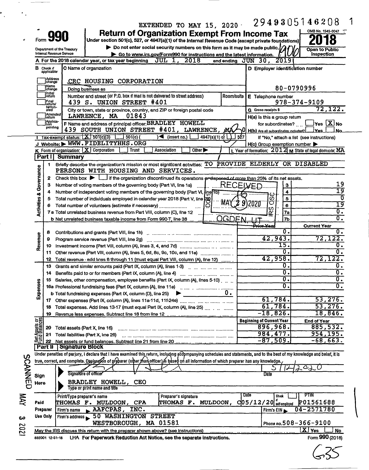 Image of first page of 2018 Form 990 for CRC Housing Corporation