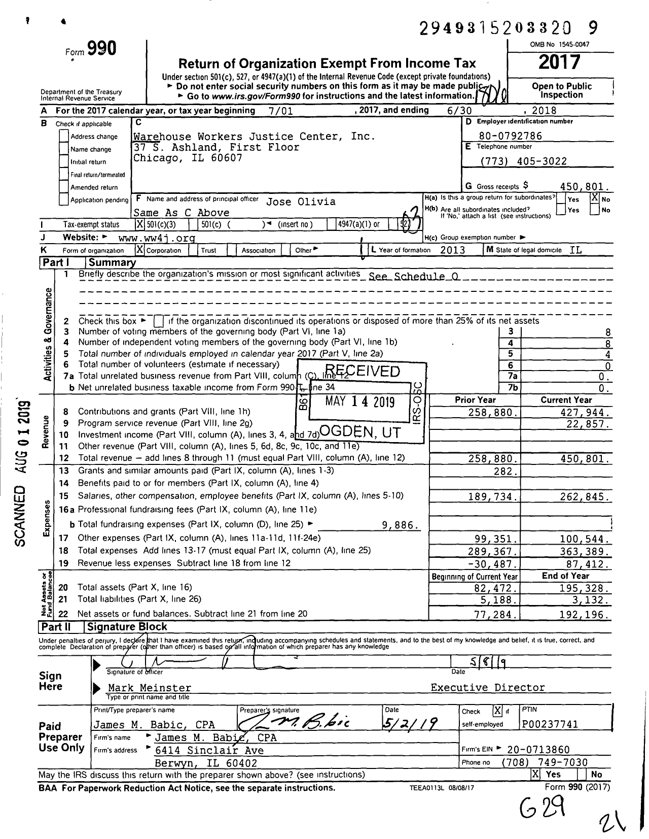 Image of first page of 2017 Form 990 for Warehouse Workers Justice Center