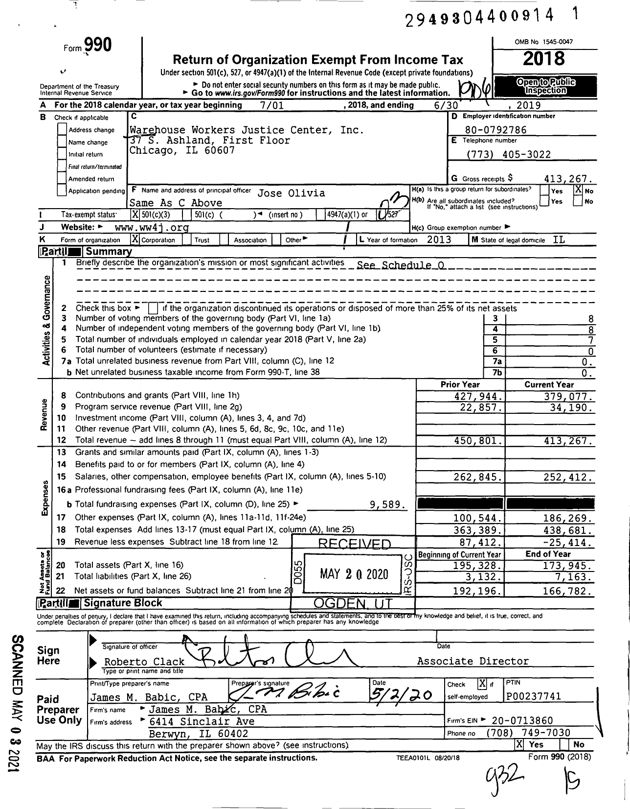 Image of first page of 2018 Form 990 for Warehouse Workers Justice Center