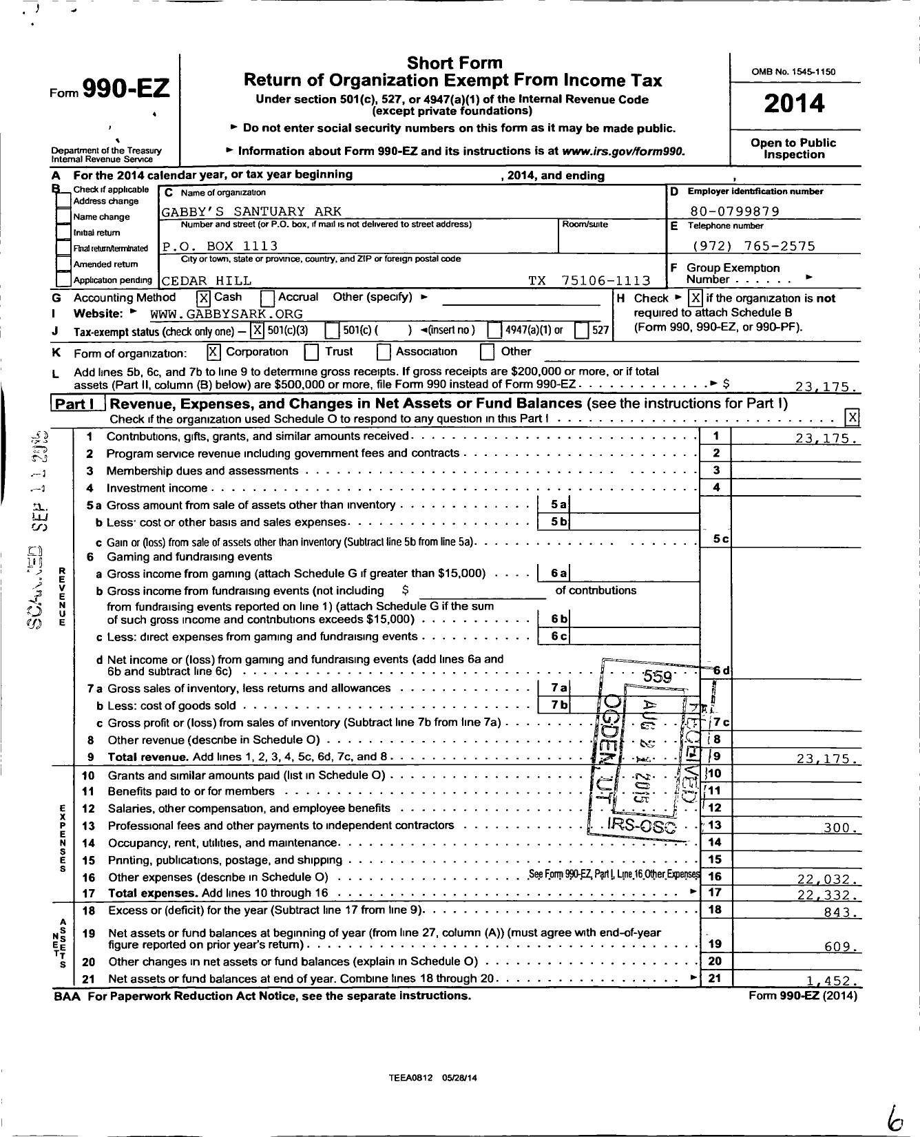 Image of first page of 2014 Form 990EZ for Gabbys Sancturay Ark