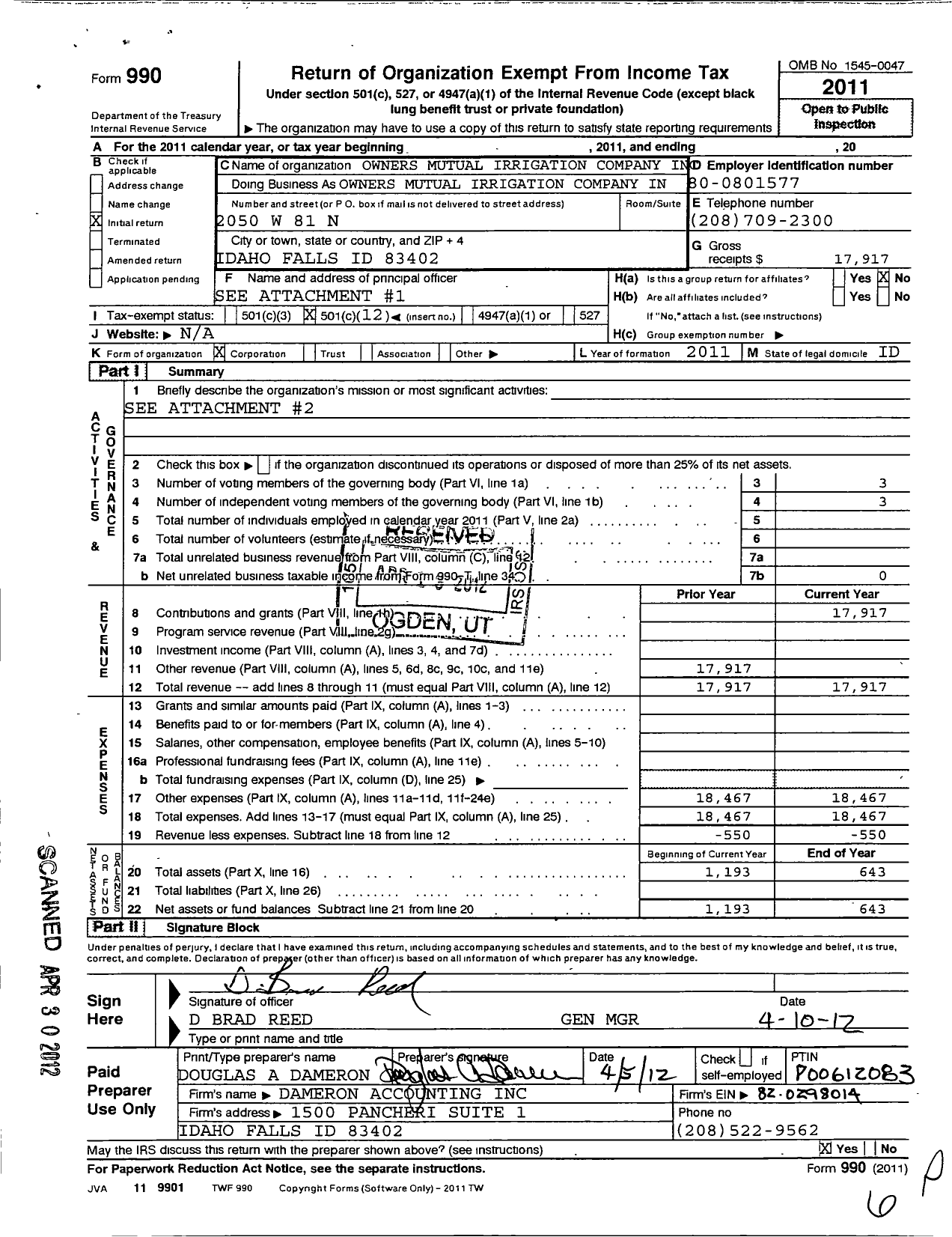 Image of first page of 2011 Form 990O for Owners Mutual Irrigation Company