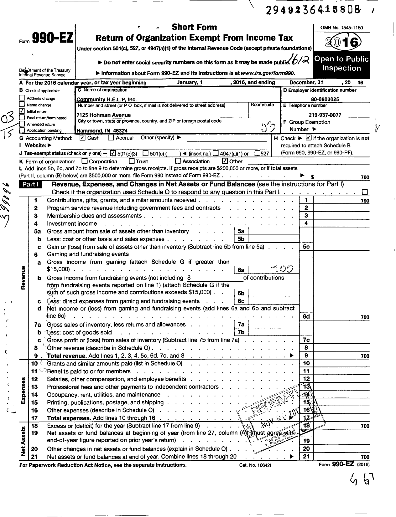 Image of first page of 2016 Form 990EZ for Community H E L P