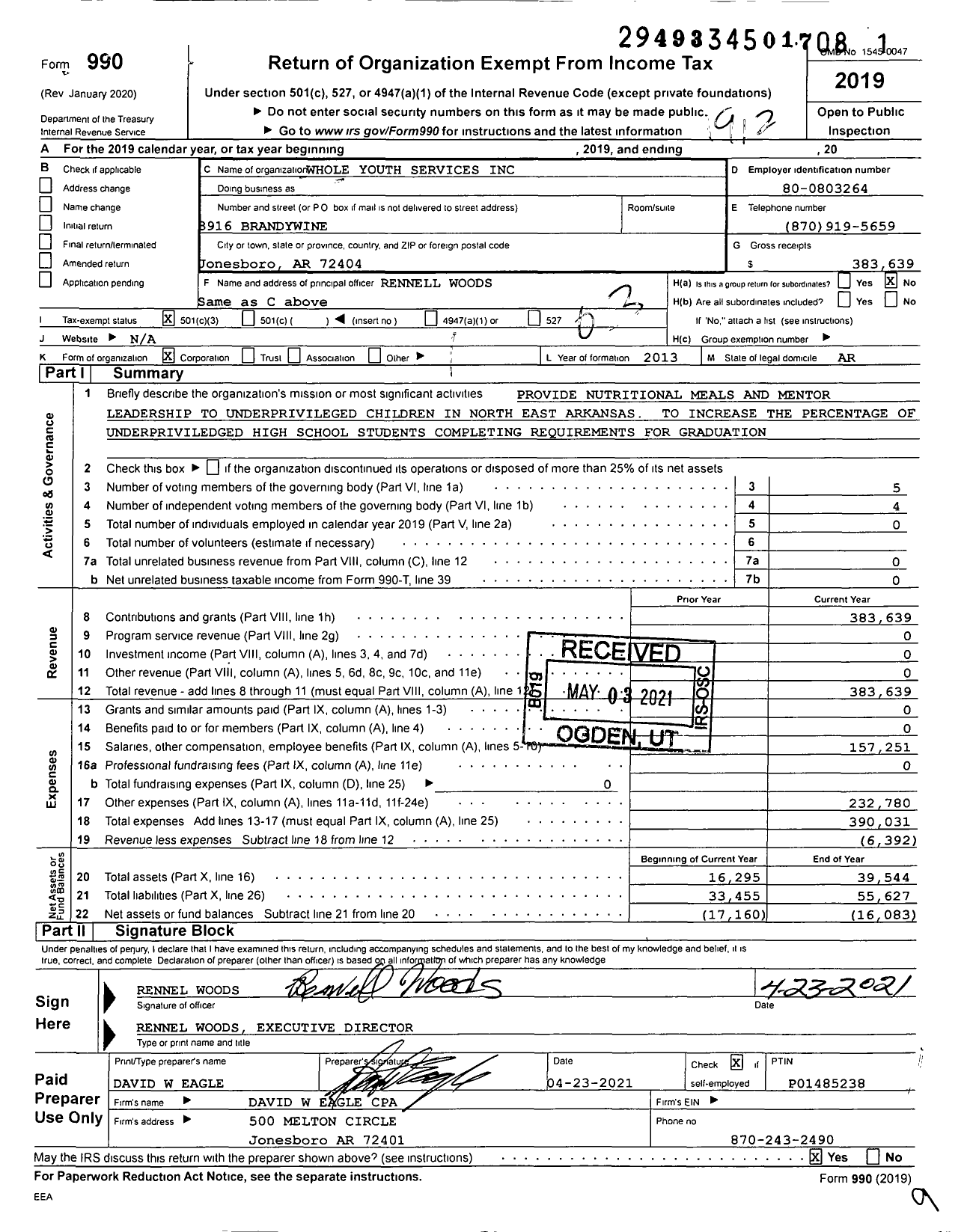 Image of first page of 2019 Form 990 for Whole Youth Services