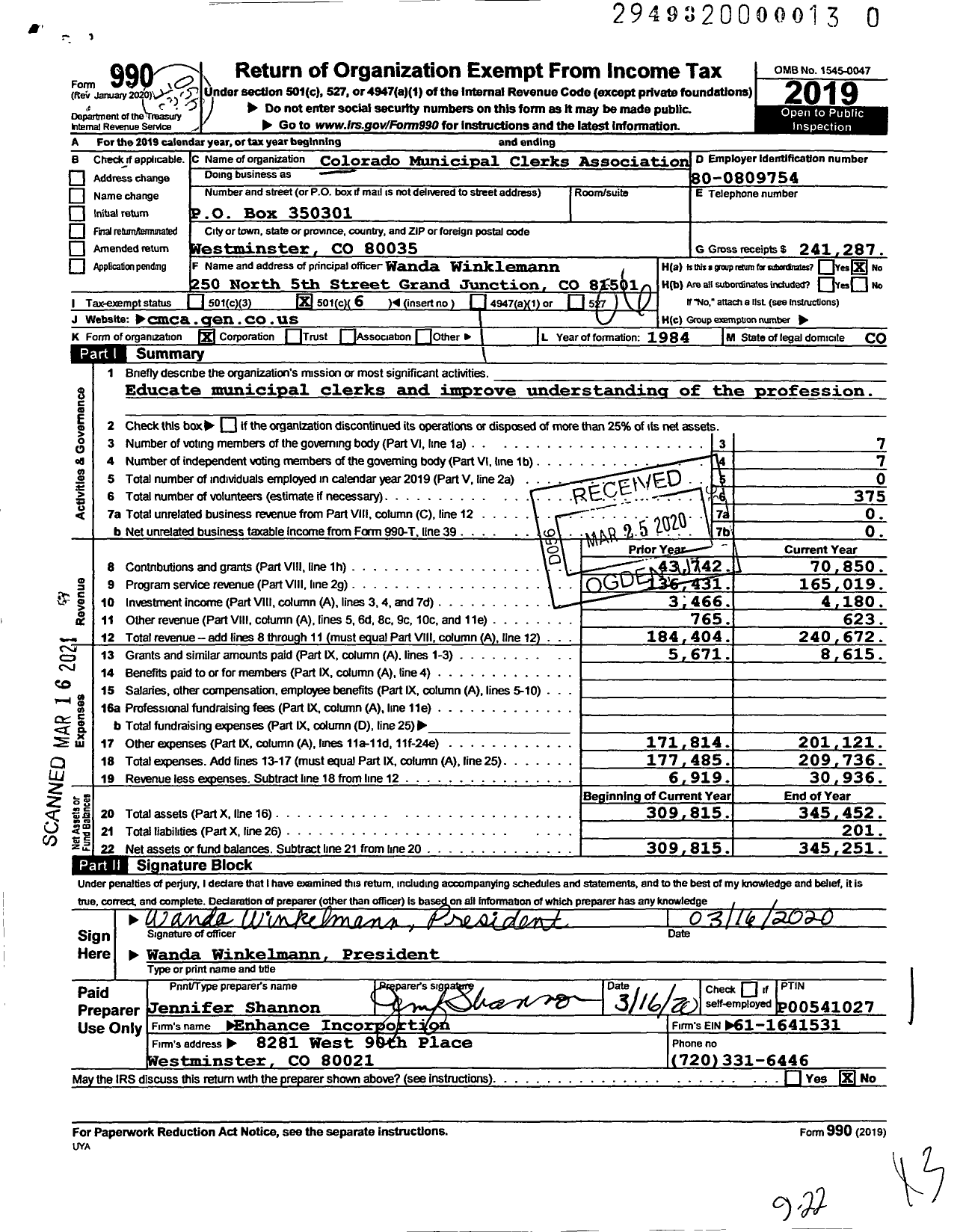 Image of first page of 2019 Form 990O for Colorado Municipal Clerks Association