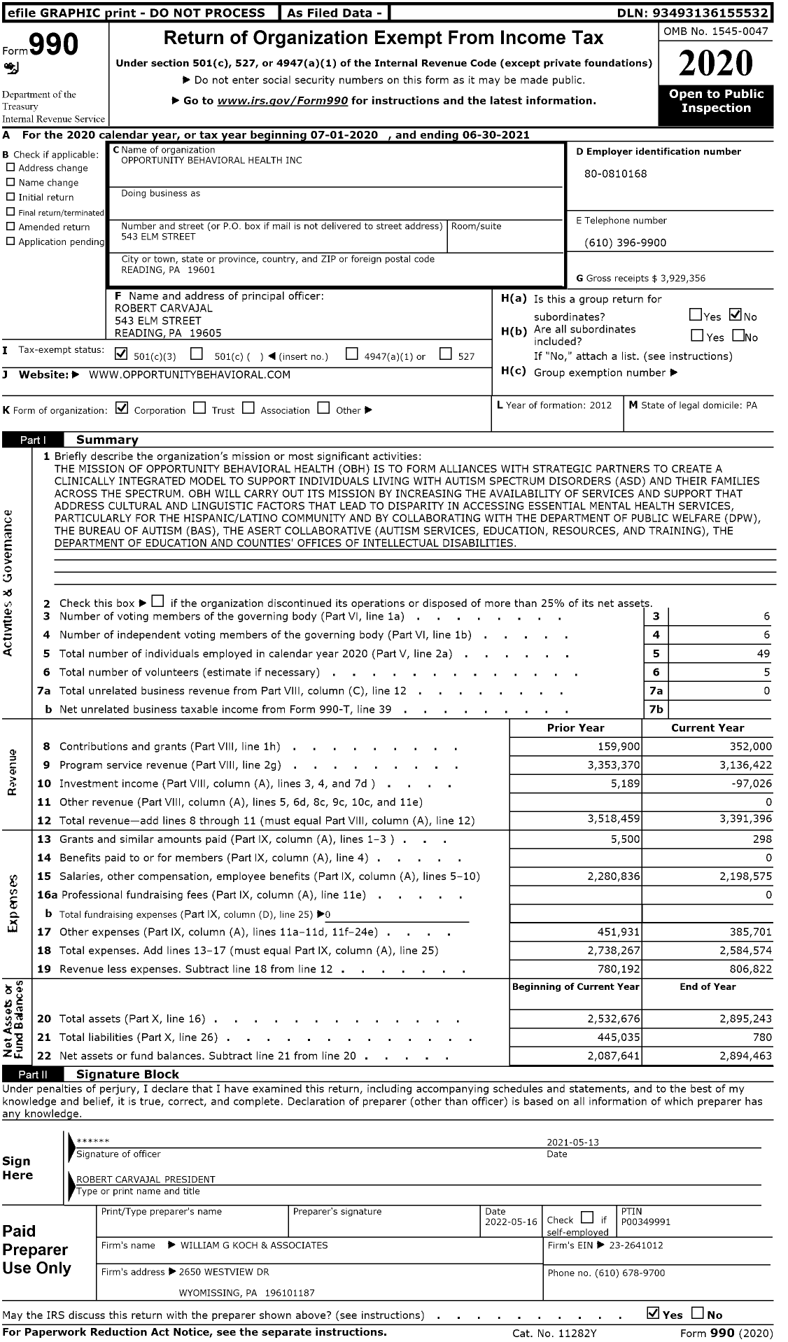 Image of first page of 2020 Form 990 for Opportunity Behavioral Health