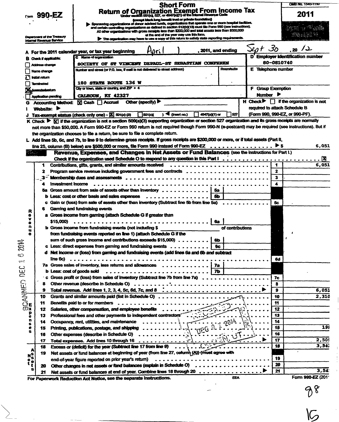 Image of first page of 2011 Form 990EZ for St Sebastian Conference