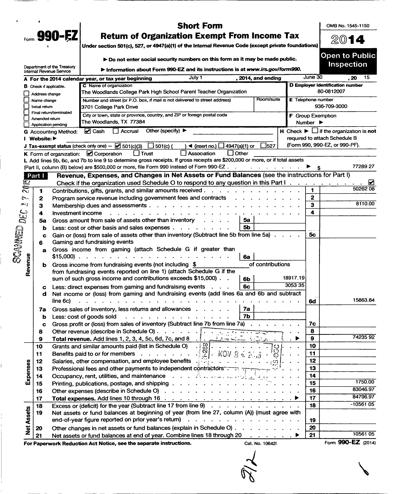 Image of first page of 2014 Form 990EZ for Woodlands College Park Parent Teacher Organization