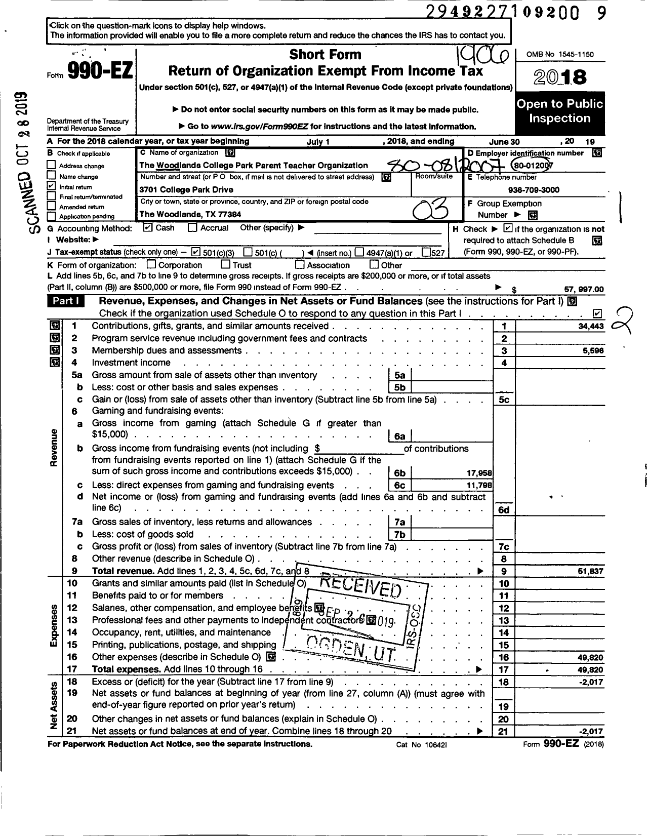 Image of first page of 2018 Form 990EZ for Woodlands College Park Parent Teacher Organization