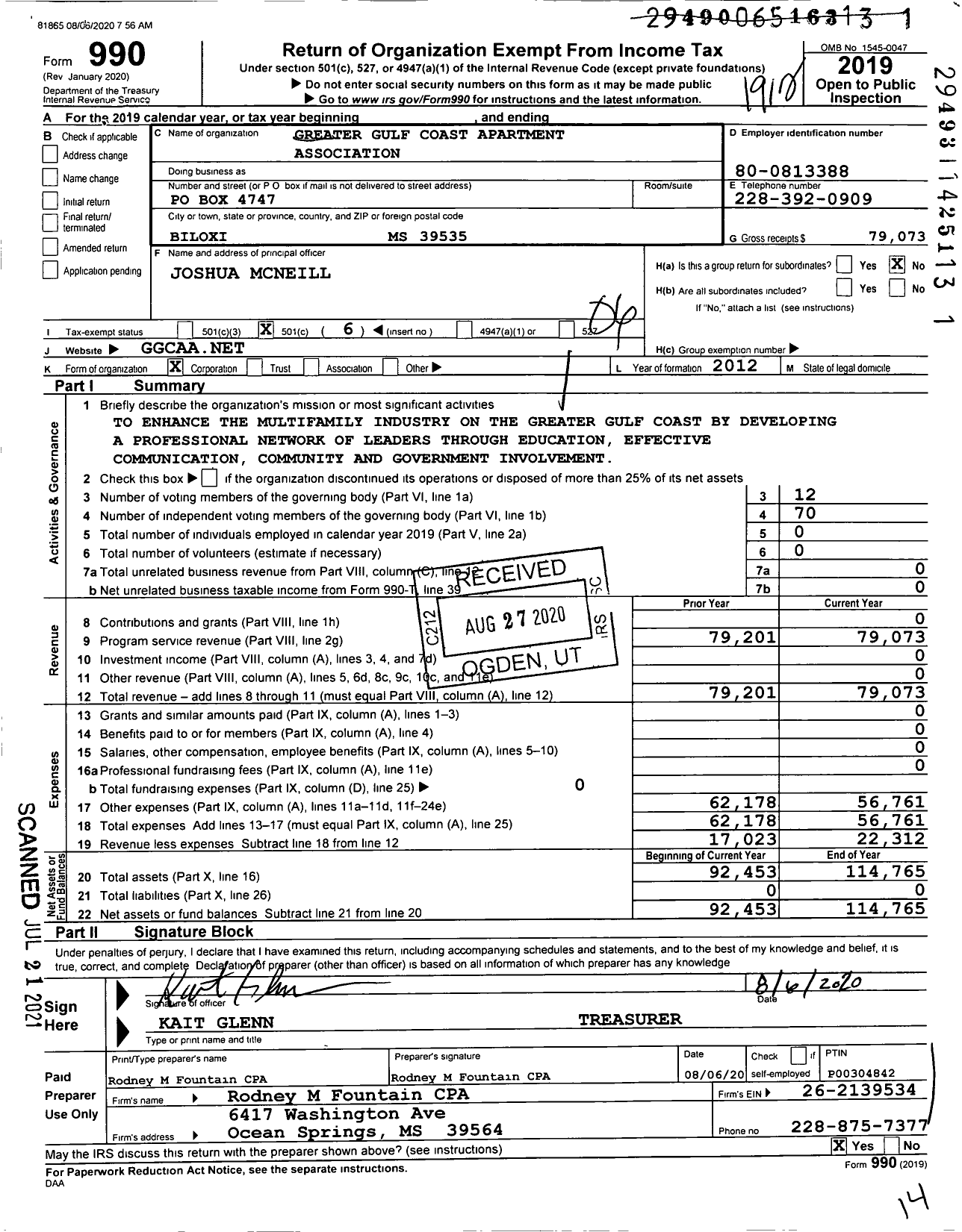 Image of first page of 2019 Form 990O for Greater Gulf Coast Apartment Association