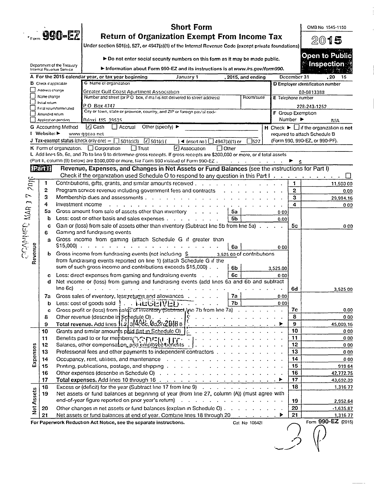 Image of first page of 2015 Form 990EO for Greater Gulf Coast Apartment Association