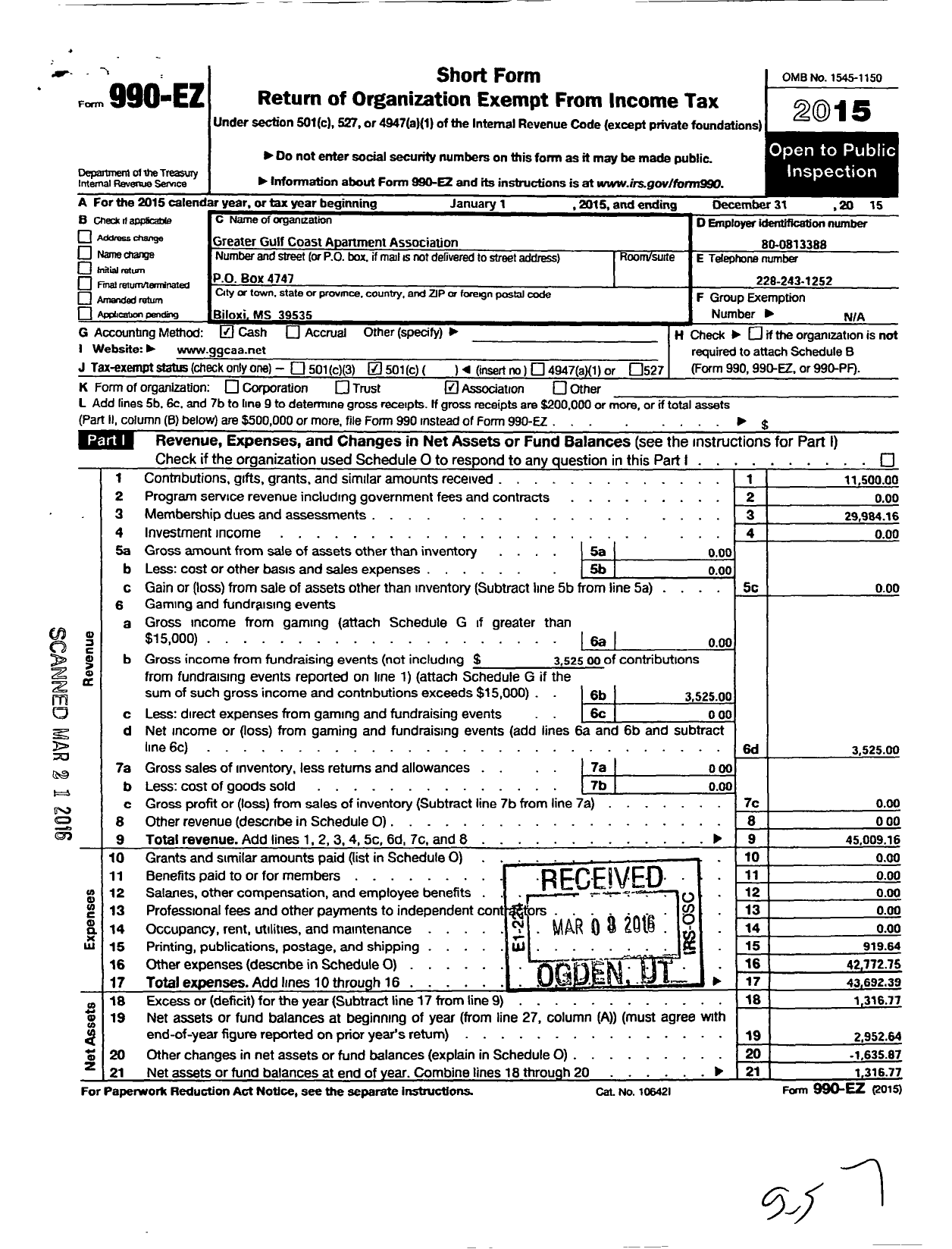 Image of first page of 2015 Form 990EO for Greater Gulf Coast Apartment Association