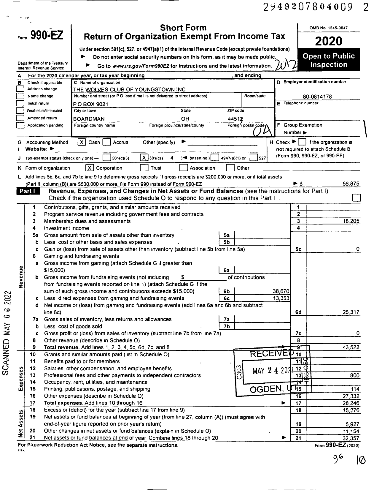 Image of first page of 2020 Form 990EO for Wolves Club of Youngstown