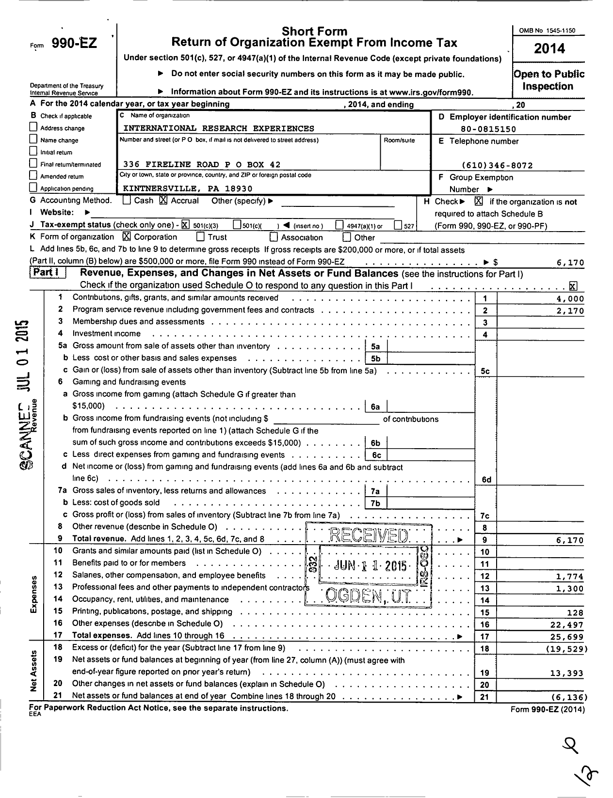 Image of first page of 2014 Form 990EZ for International Research Experiences