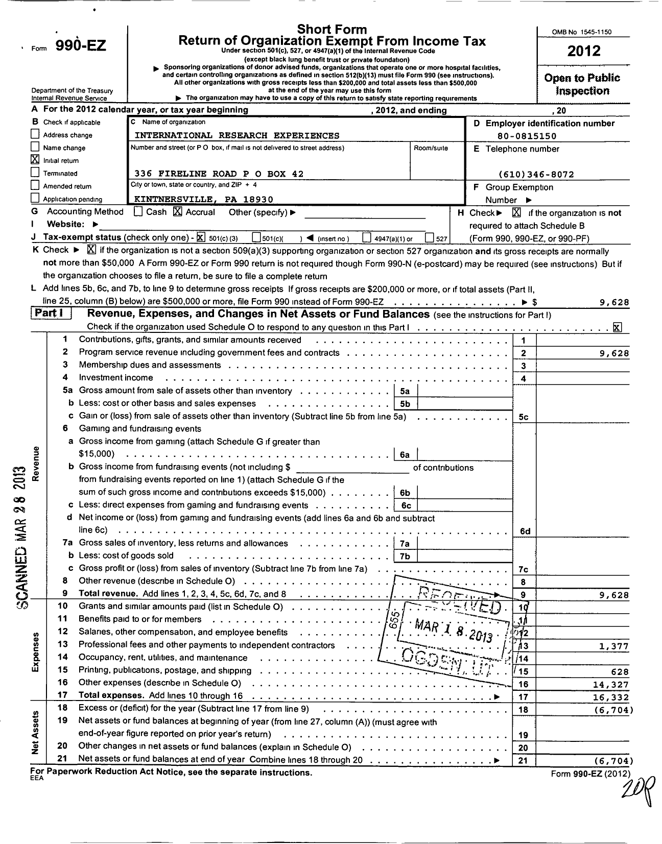 Image of first page of 2012 Form 990EZ for International Research Experiences