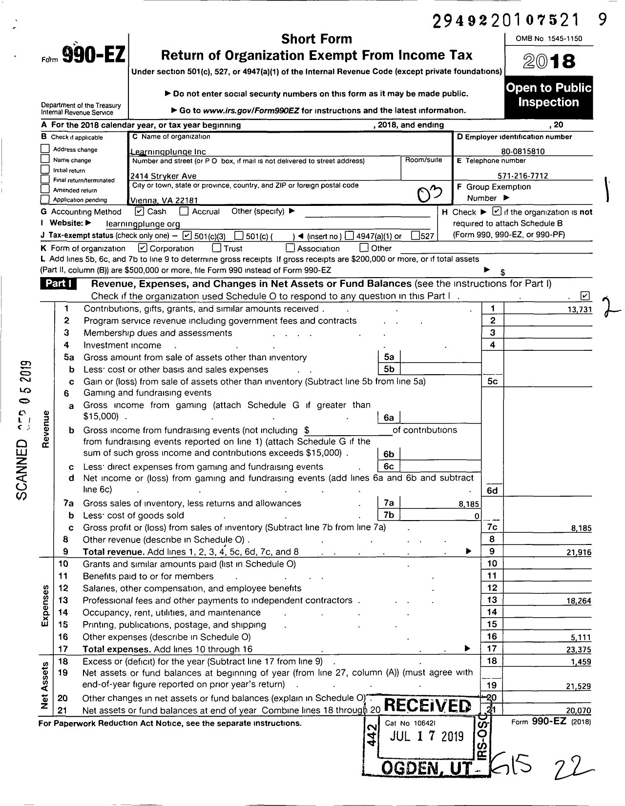 Image of first page of 2018 Form 990EZ for Learningplunge