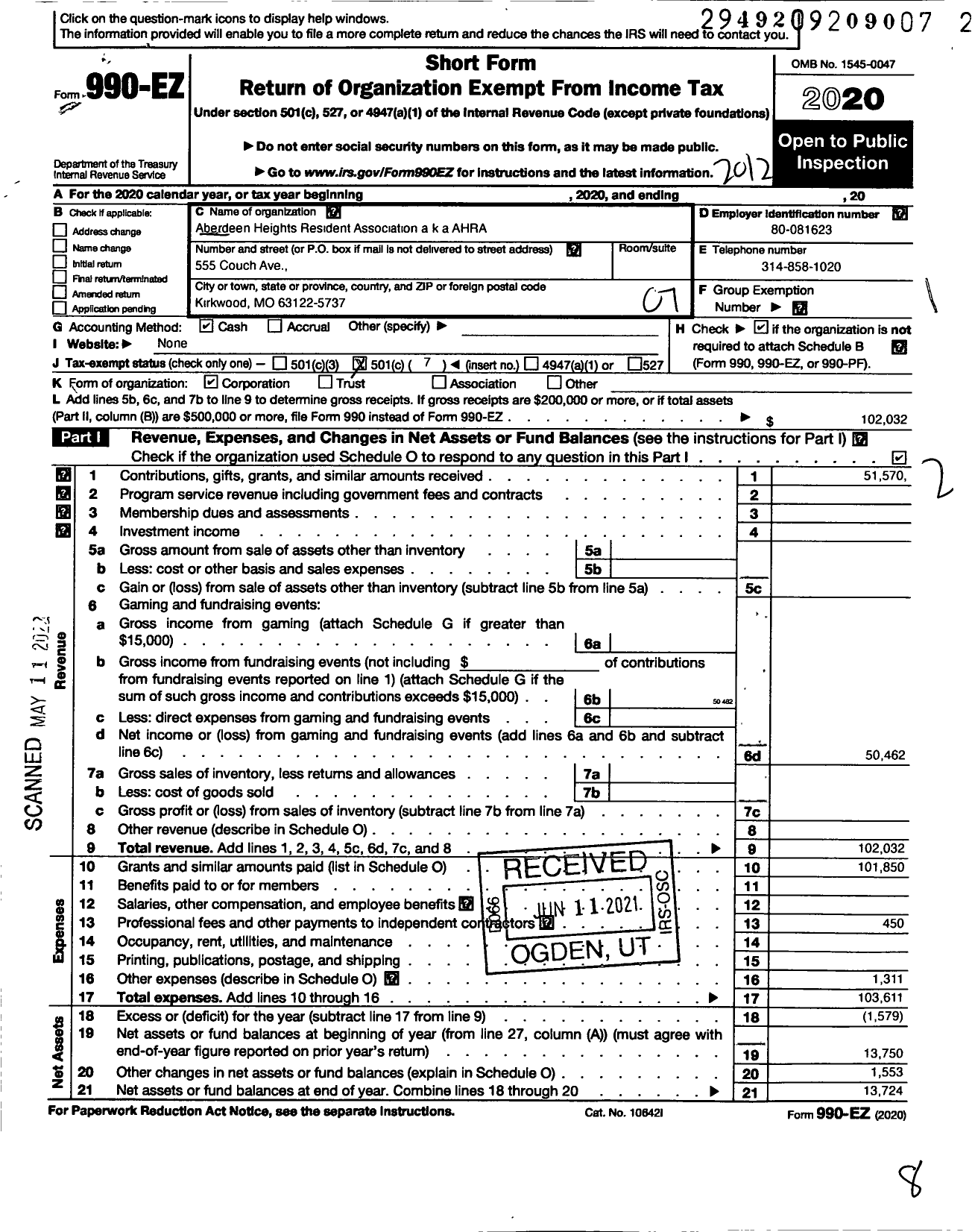 Image of first page of 2020 Form 990EO for Aberdeen Heights Resident Association (AHRA)